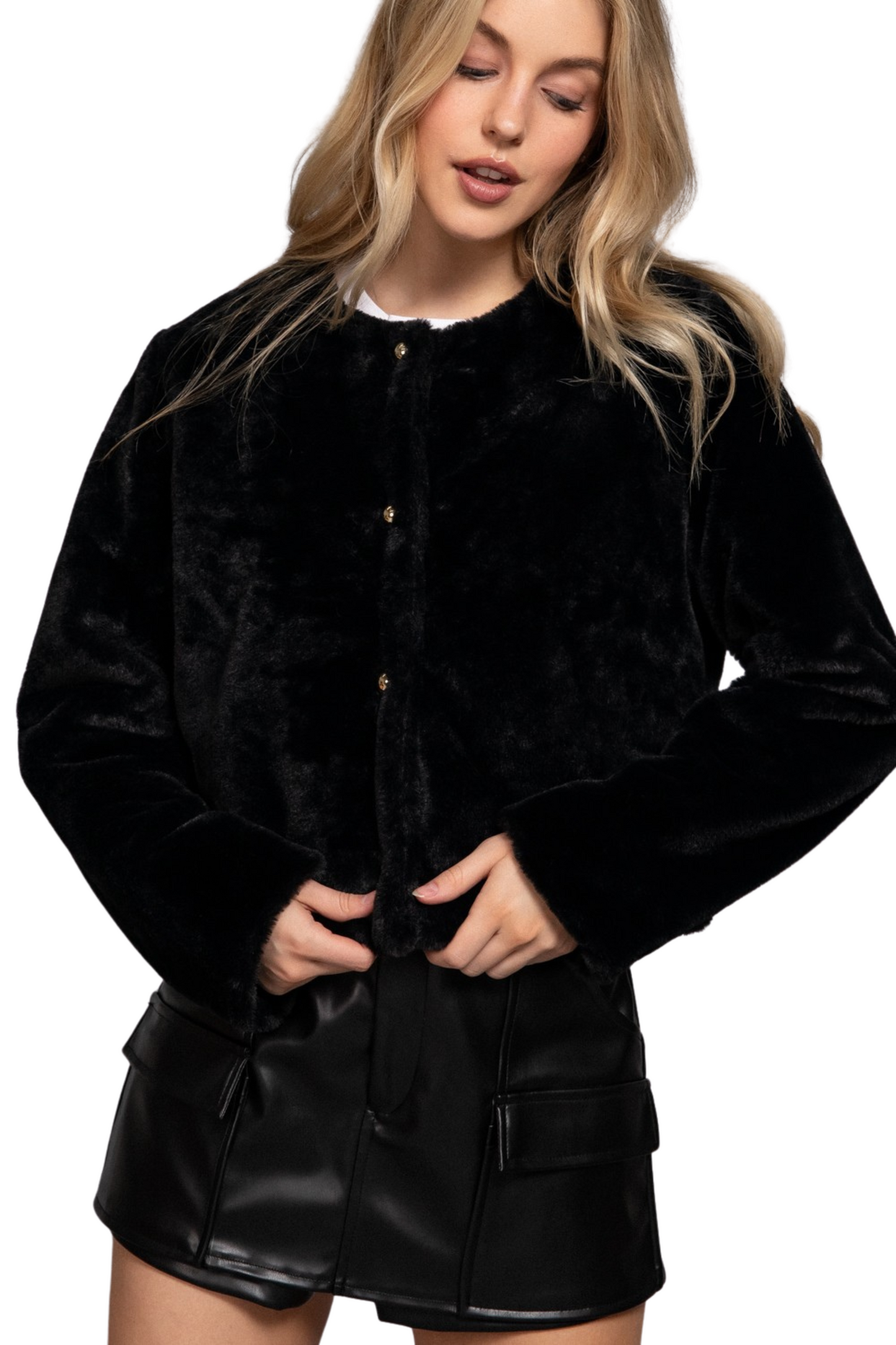 Faux Fur Collarless Cropped Jacket