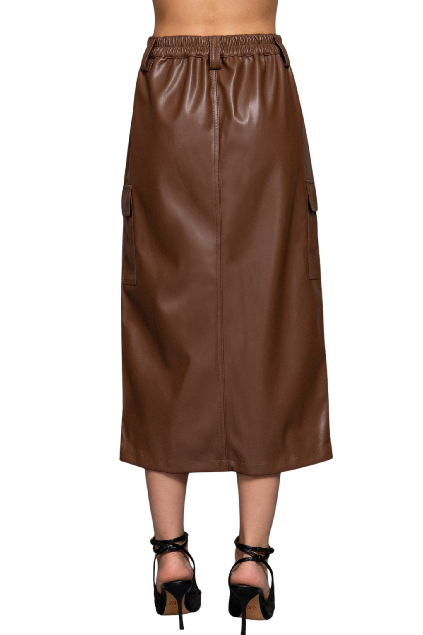 Faux Leather Midi Cargo Skirt