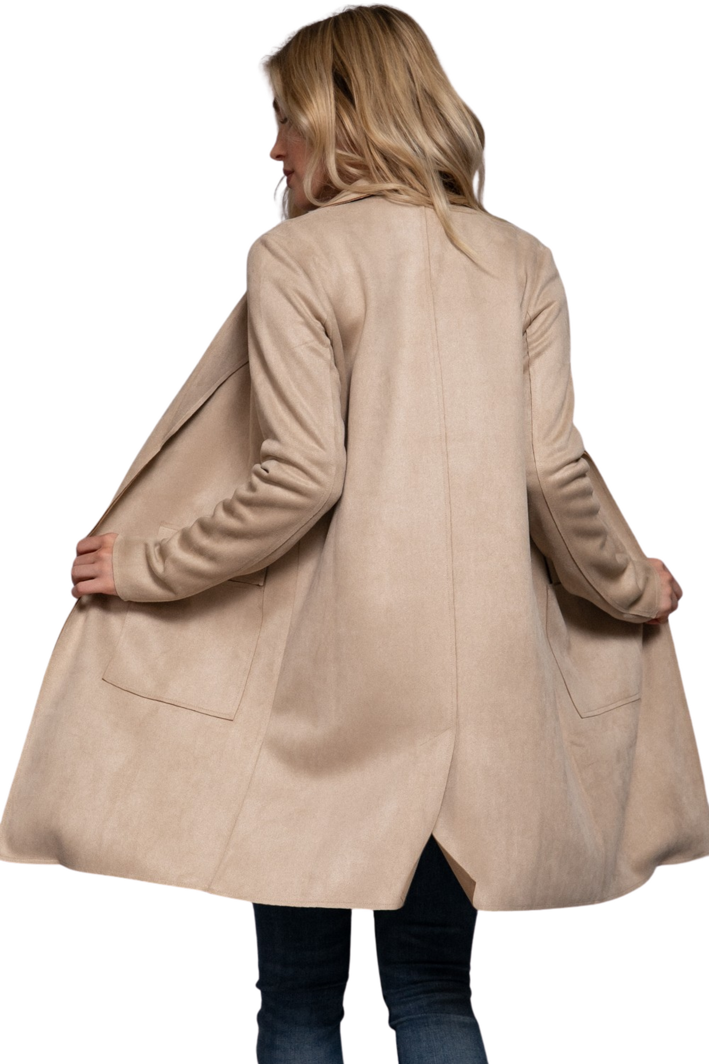Faux Suede Open Collared Long Jacket with Pockets