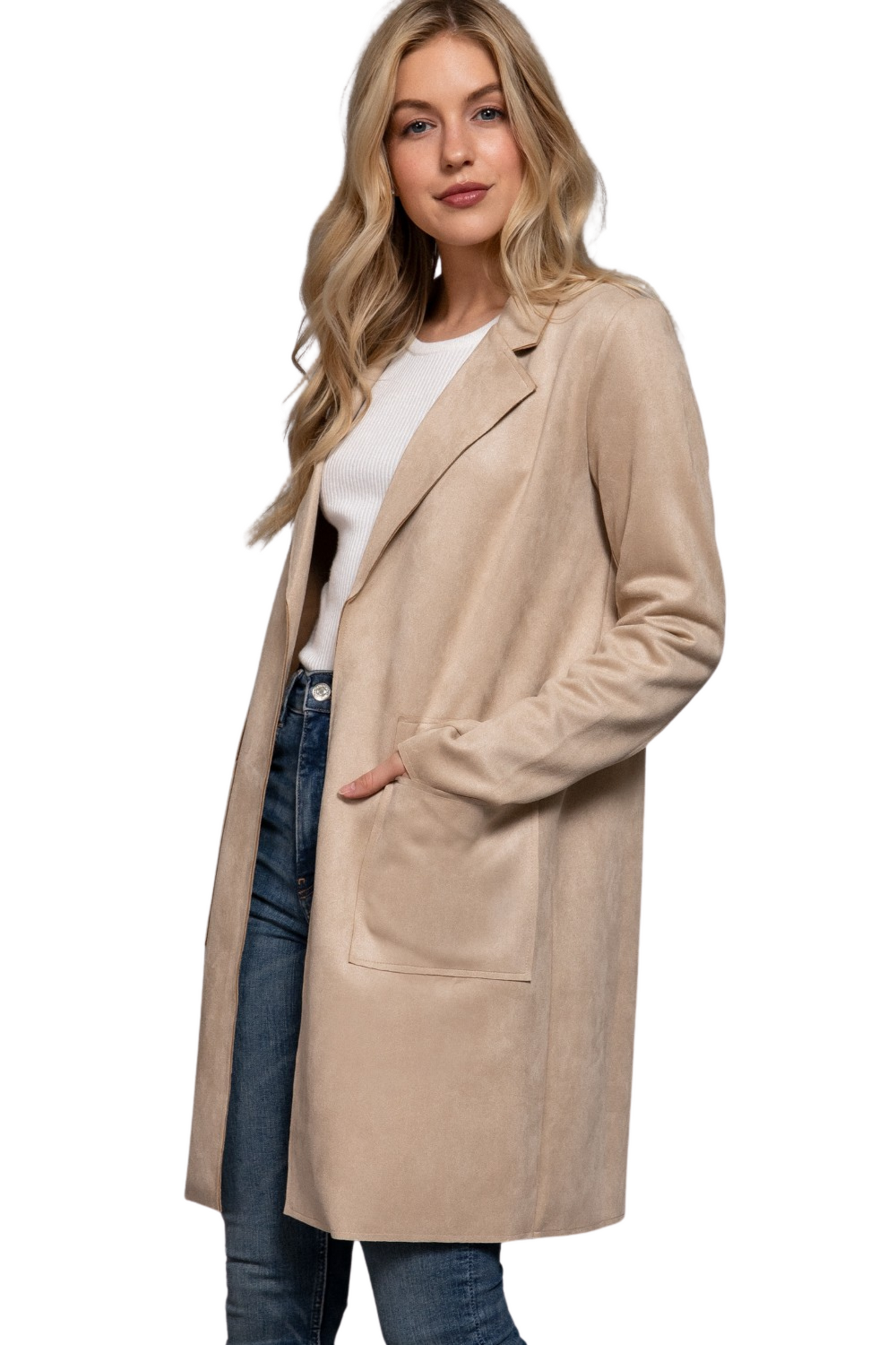 Faux Suede Open Collared Long Jacket with Pockets