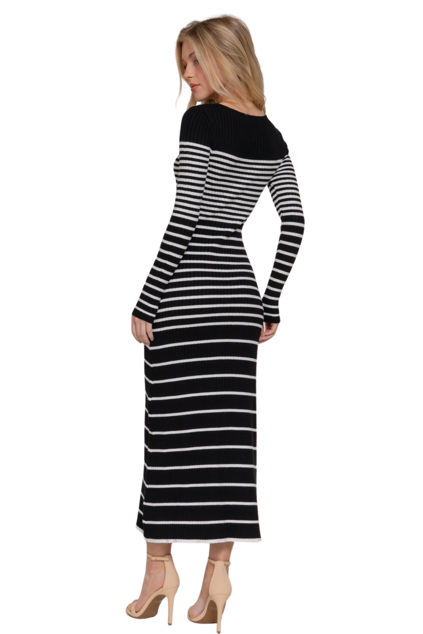 Boat Neck Stripe Ribbed Long Sleeve Maxi Sweater Dress
