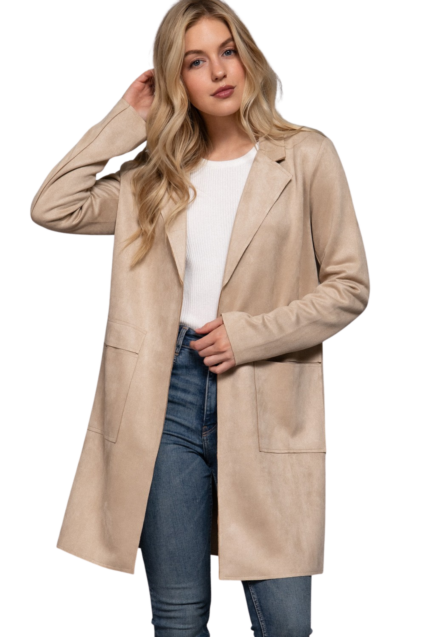 Faux Suede Open Collared Long Jacket with Pockets