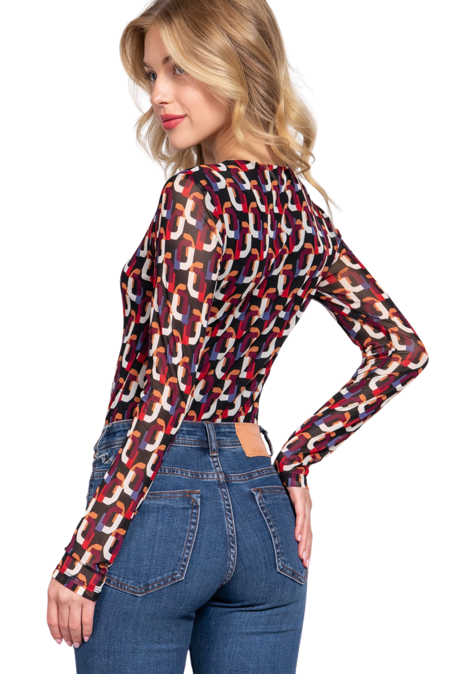 Long Sleeve Mesh Colorful Printed Bodysuit