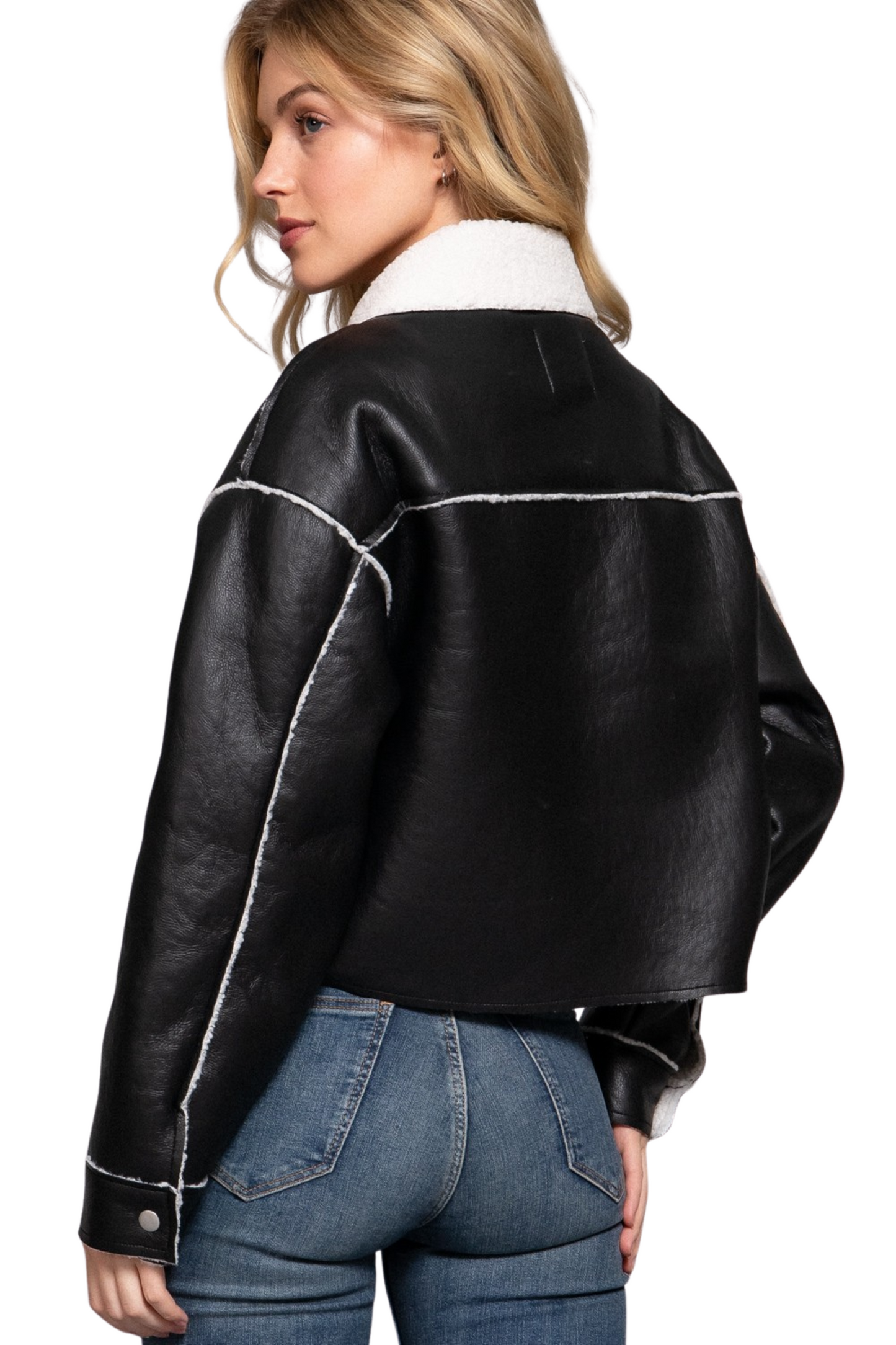 Faux Leather Fur Lined Jacket with Collar