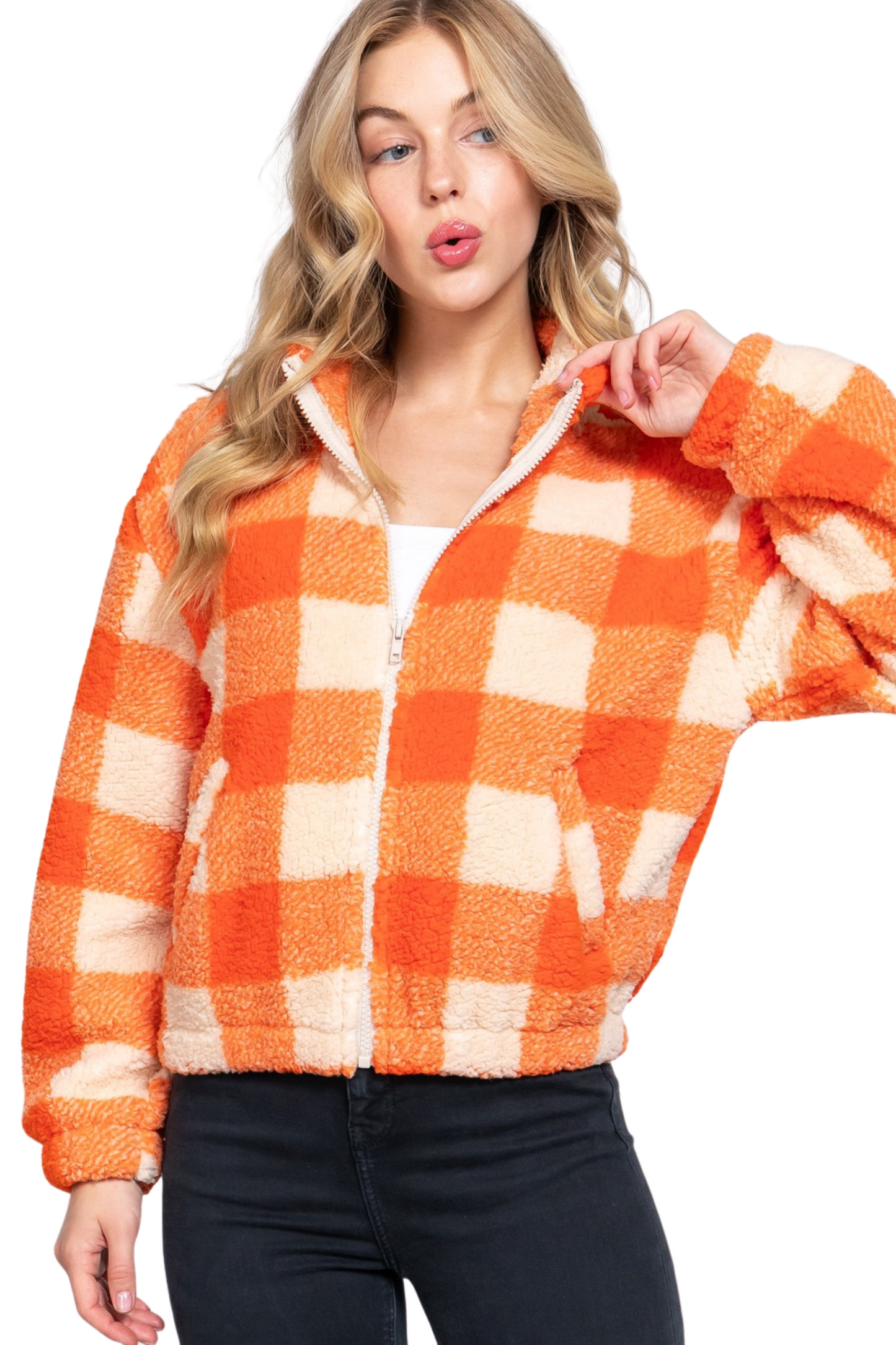 Buffalo Plaid Zip Up Sherpa Jacket