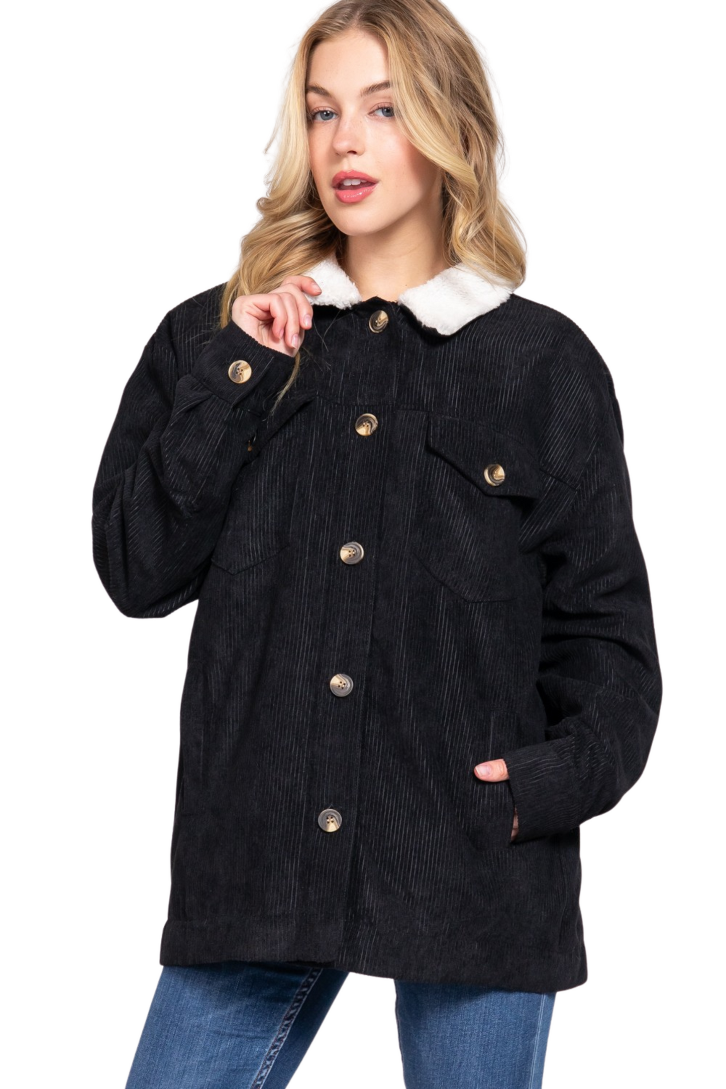 Faux Fur Lined Corduroy Relaxed Button Up Jacket