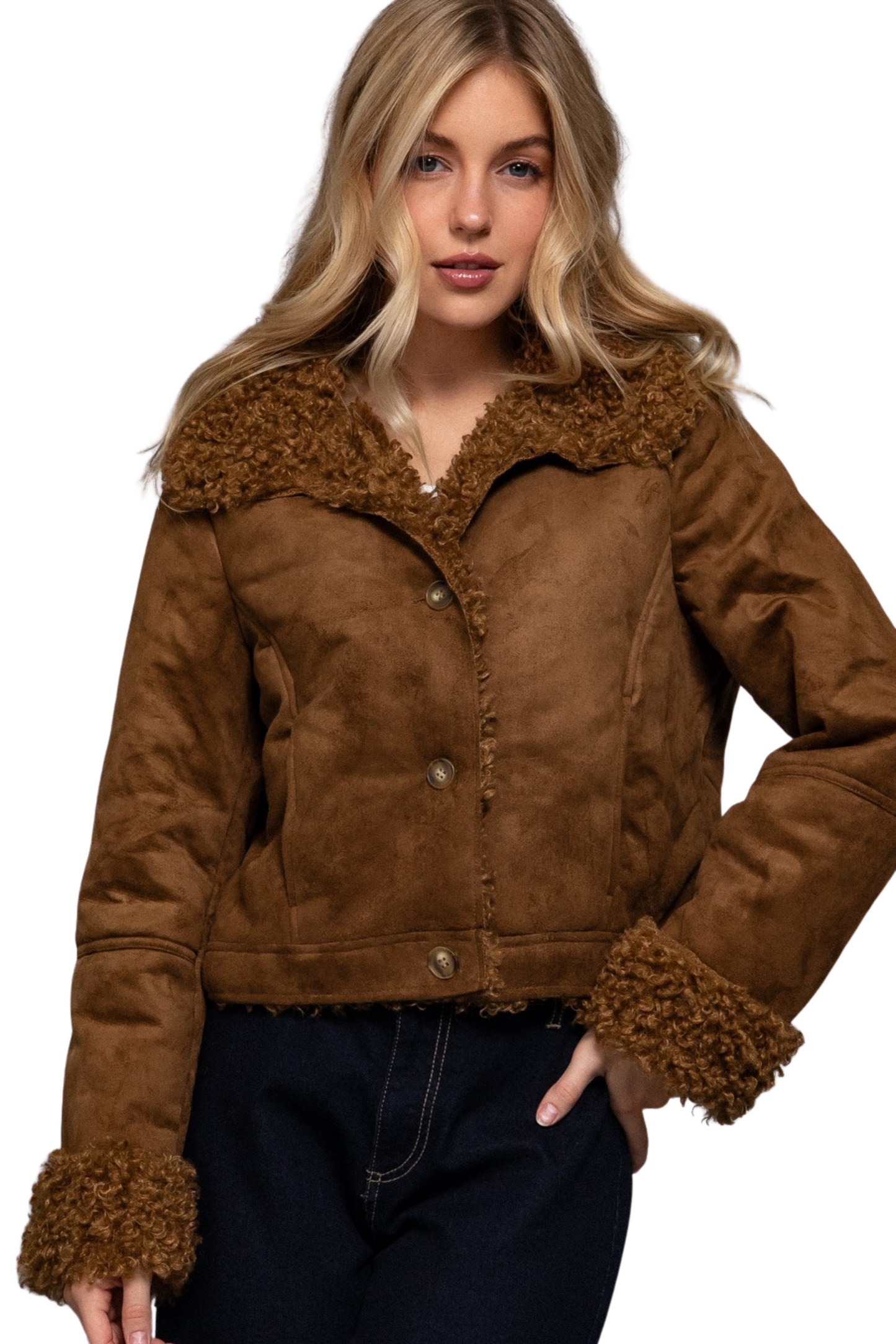 Faux Fur Contrast Short Button Up Jacket