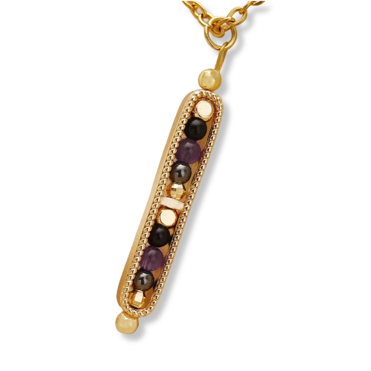 Stainless Steel Natural Gem Stones Vertical Drop Pendant Necklace
