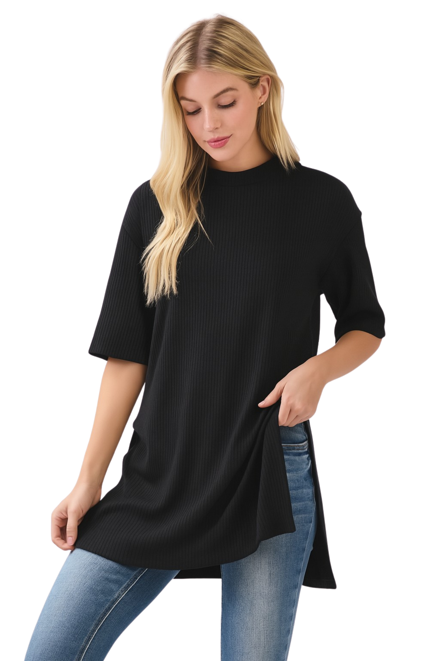 Ribbed Short Sleeve Tunic Top with Side Slits