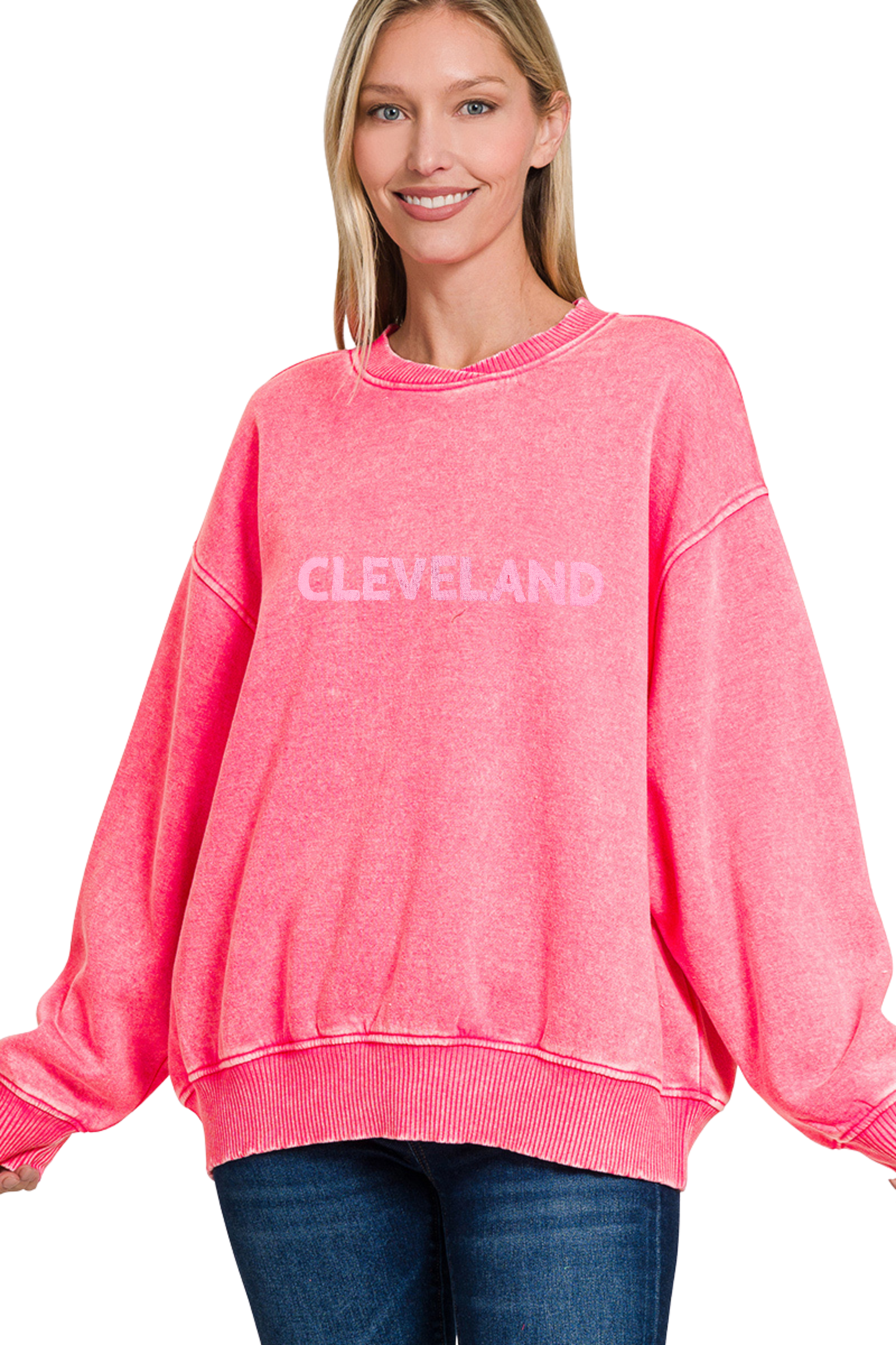 Block Letter Cleveland Hand Stamped Super Soft Cross Neckline Pullover