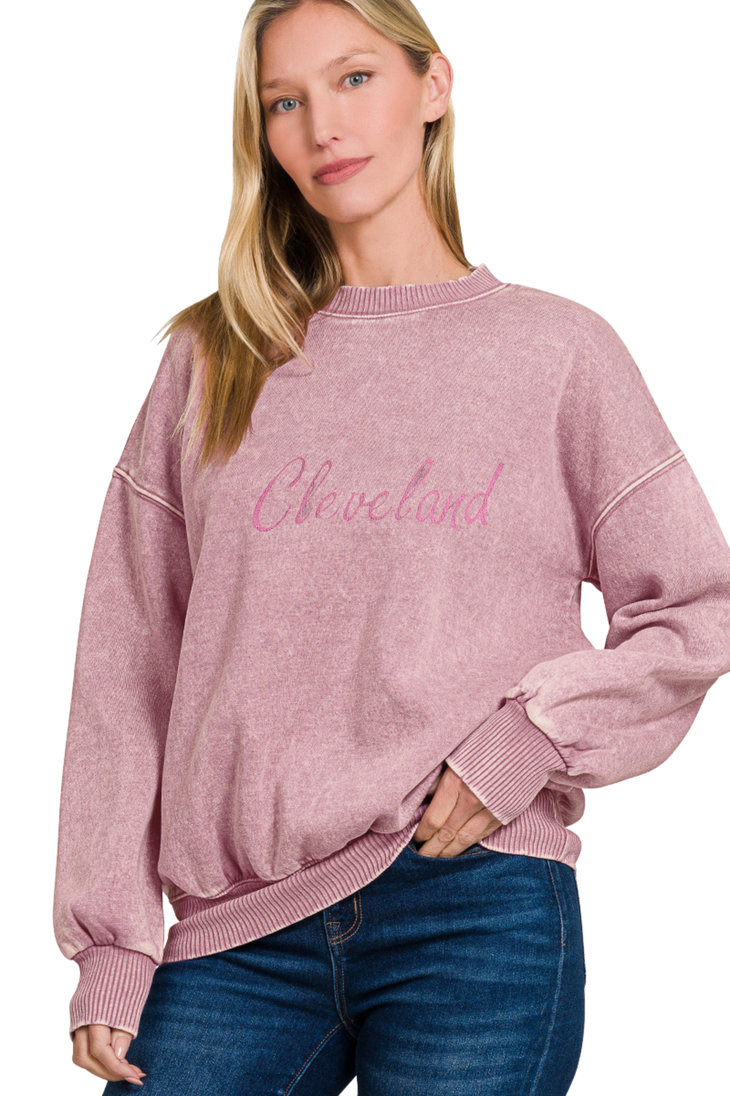 Script Cleveland Hand Stamped Acid Wash Crewneck Sweatshirt