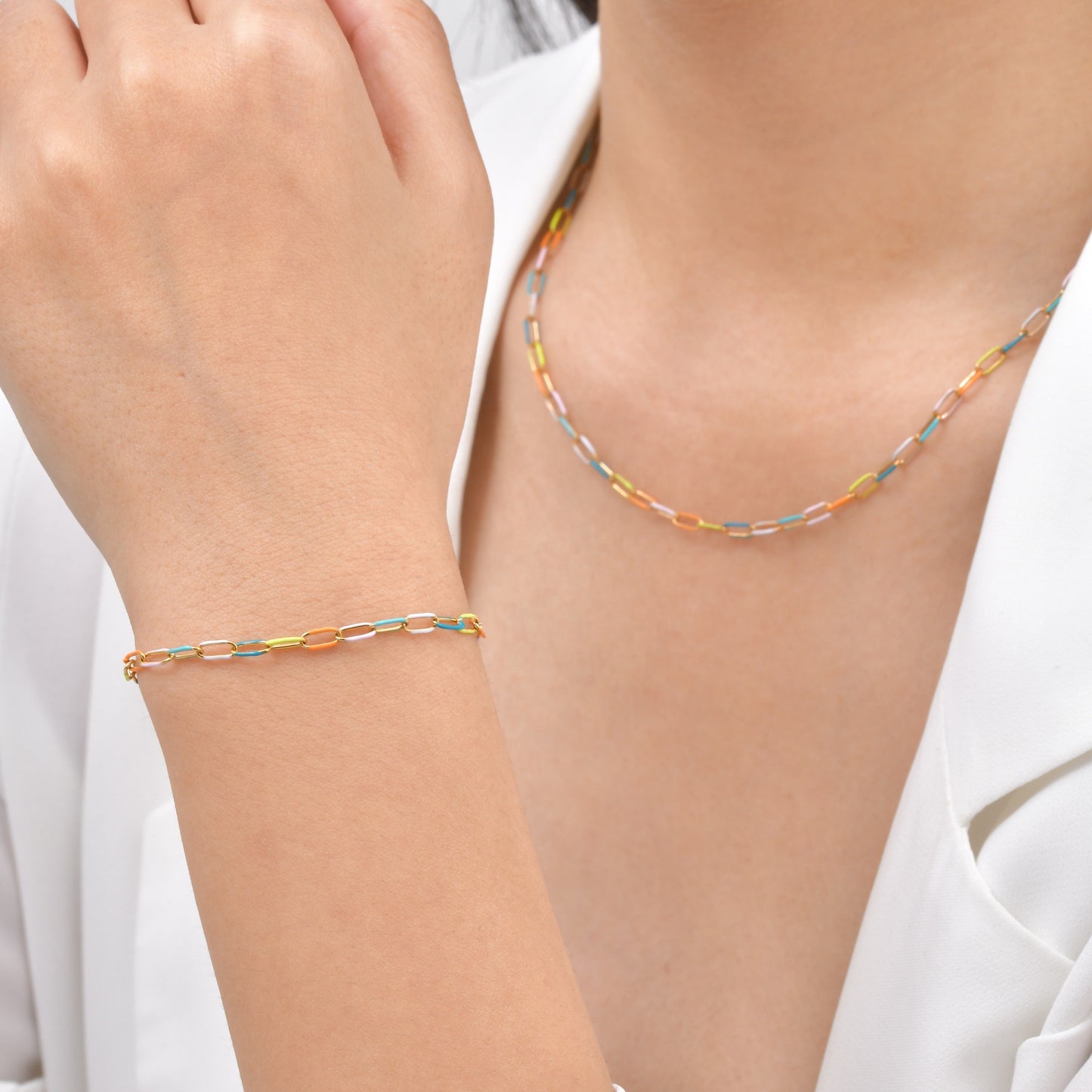 Sestra by Intro Stainless Steel Dainty Pastel Paper Clip Chain Necklace & Bracelet Set