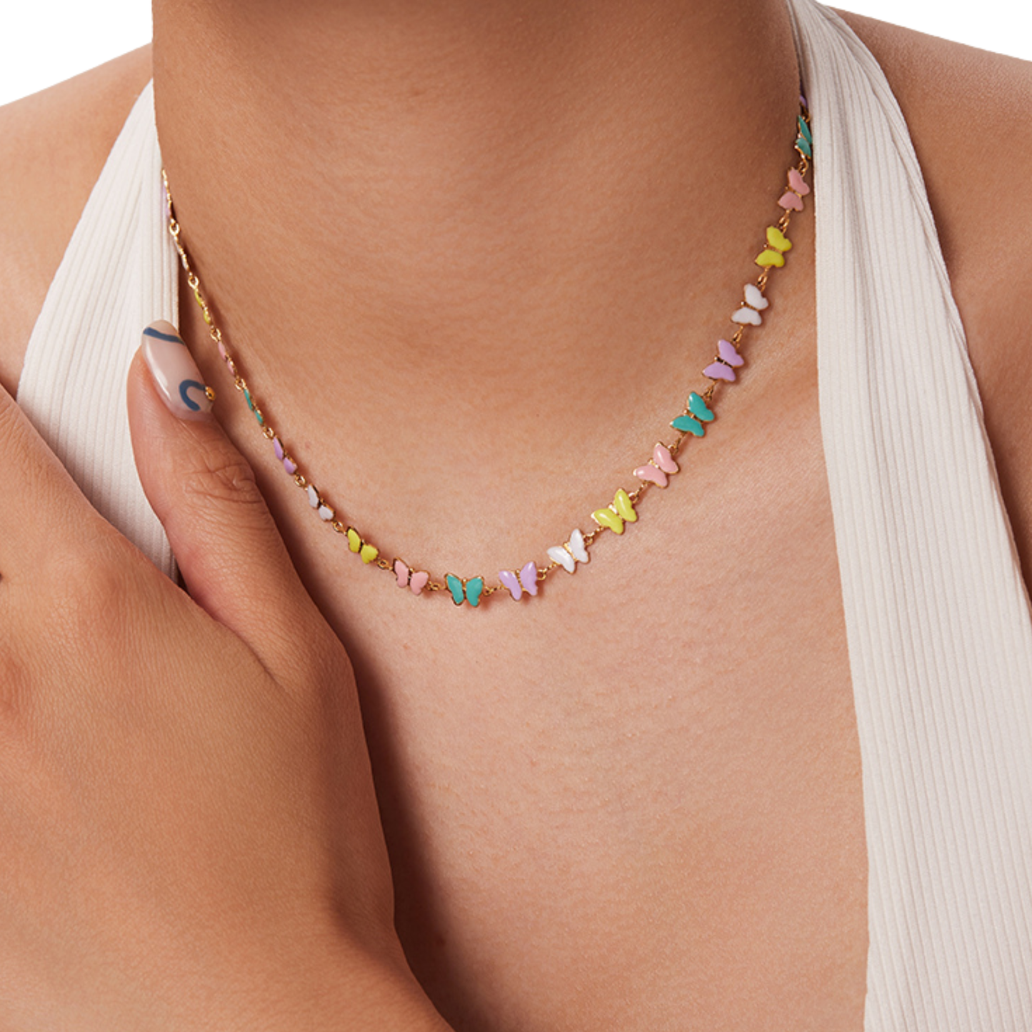 Stainless Steel Pastel Enamel Butterfly Chain Necklace