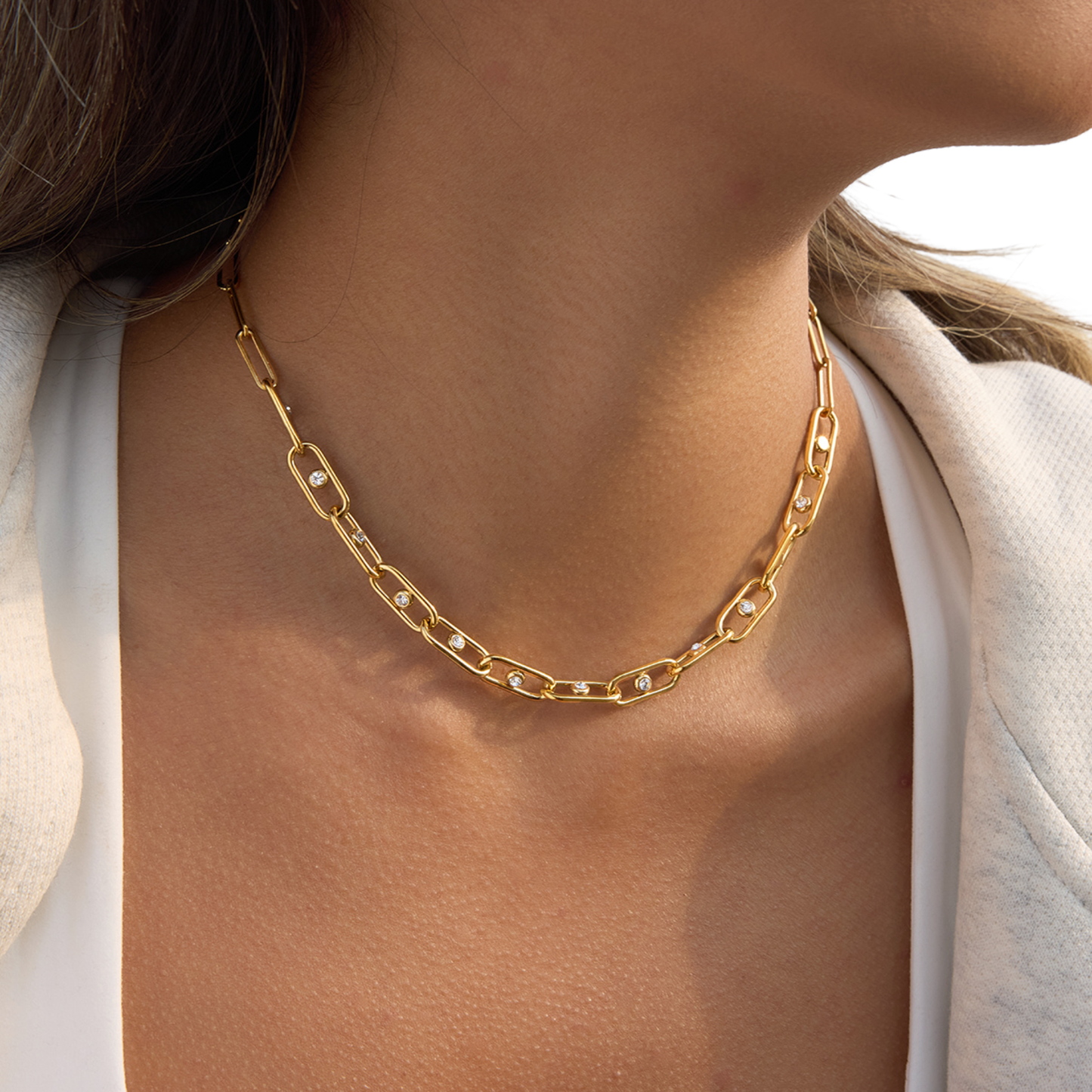 Sestra by Intro Stainless Steel Paperclip Chain Necklace with CZ