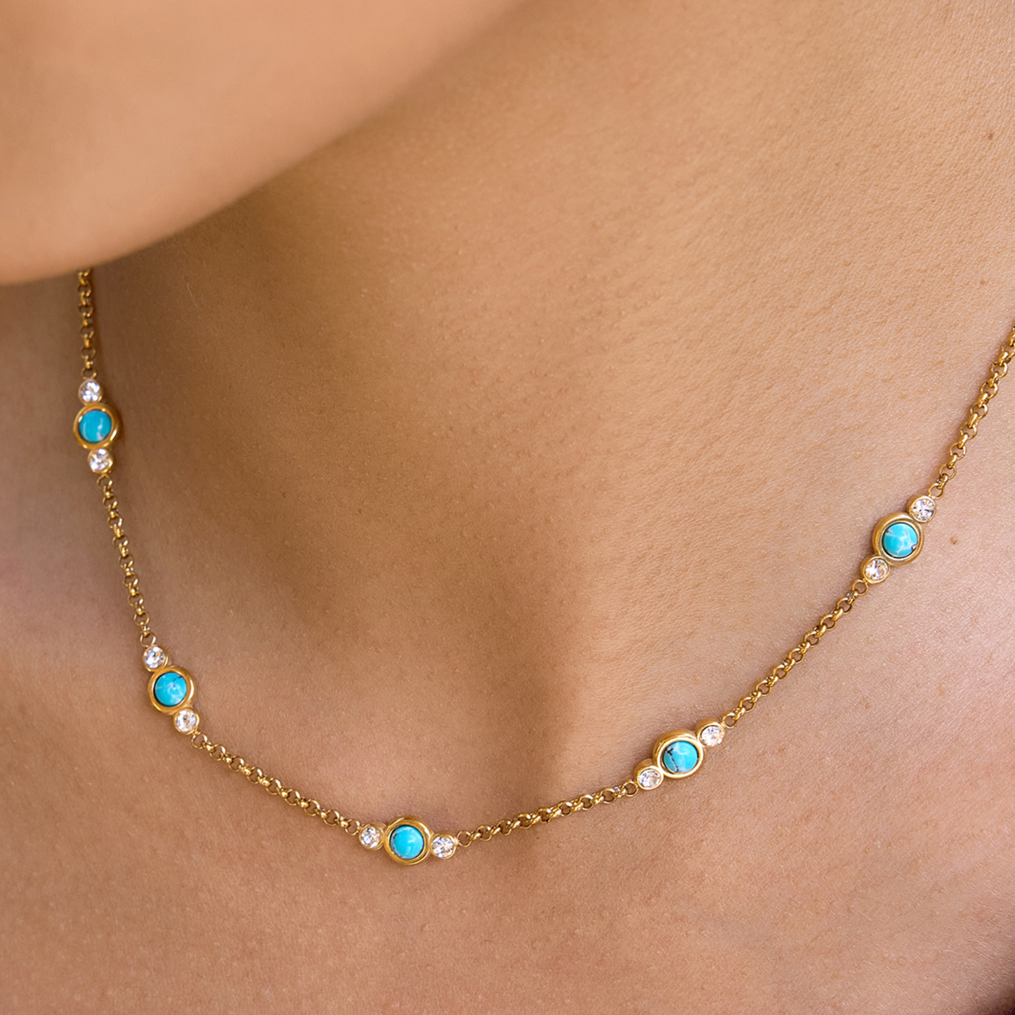 Sestra by Intro Stainless Steel Turquoise & CZ Station Necklace