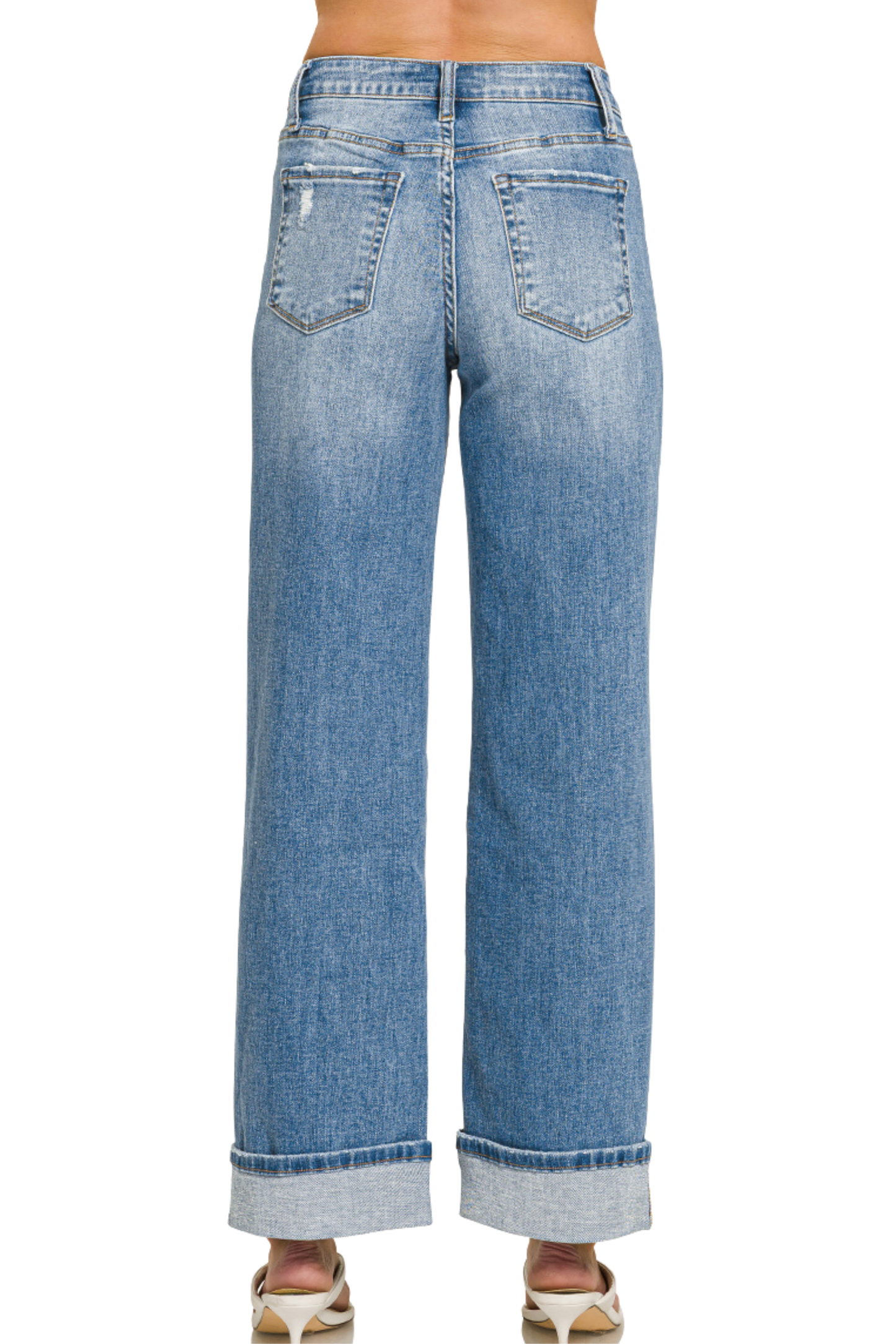 High Rise Cuffed Hem Wide Leg Jeans