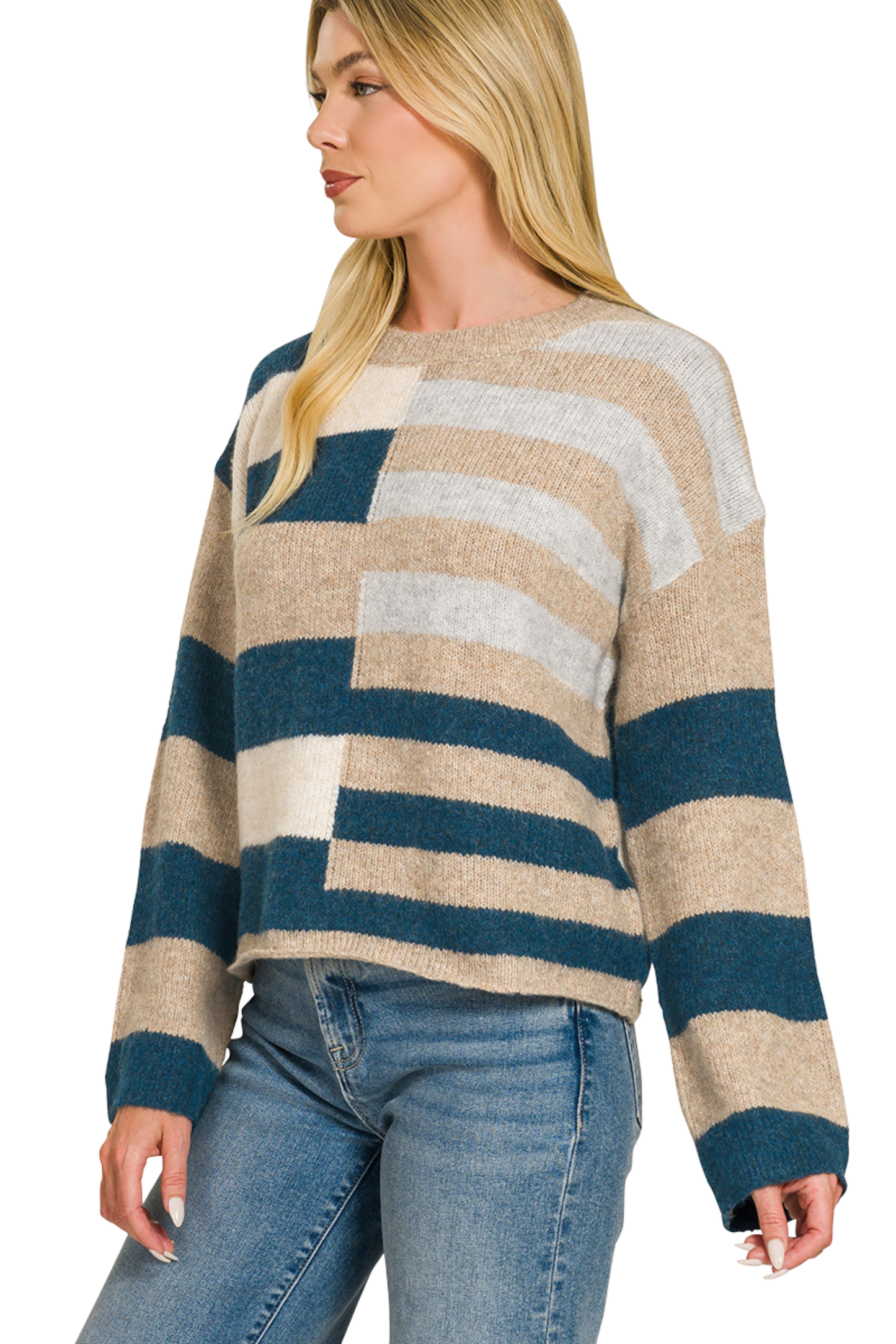 Color Block & Striped Crew Neck Relaxed Sweater