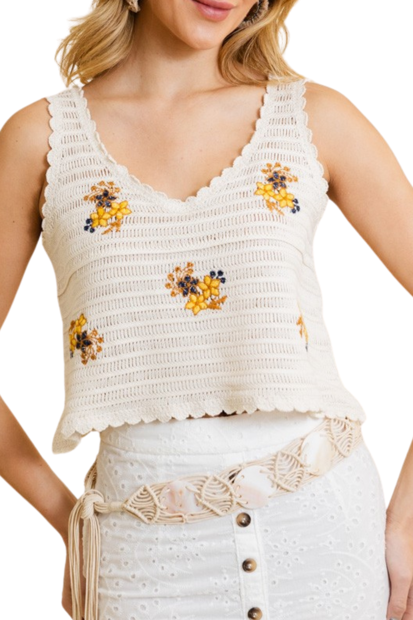 Floral Embroidered Crochet Crop Top