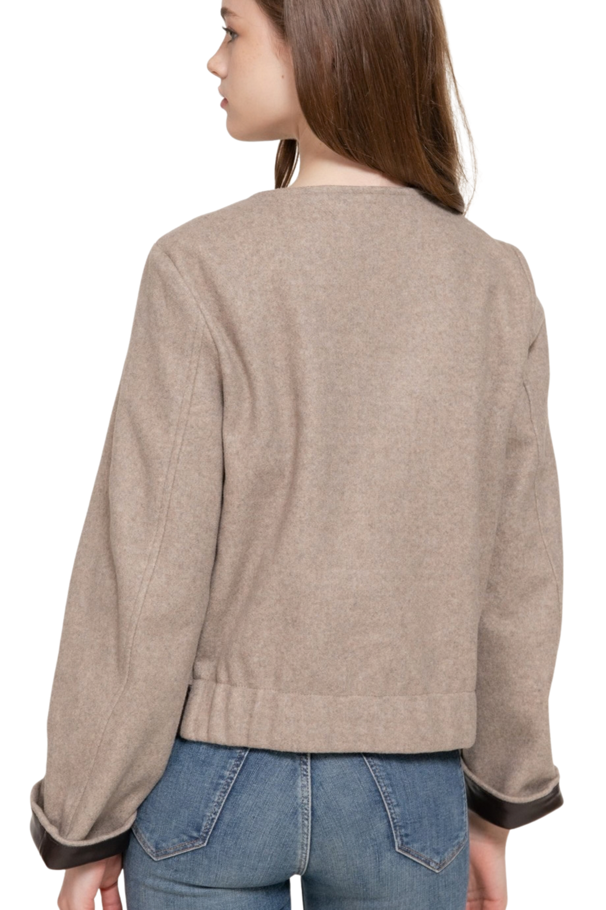 Collarless Felt Zip Up Jacket with Faux Leather Cuffs