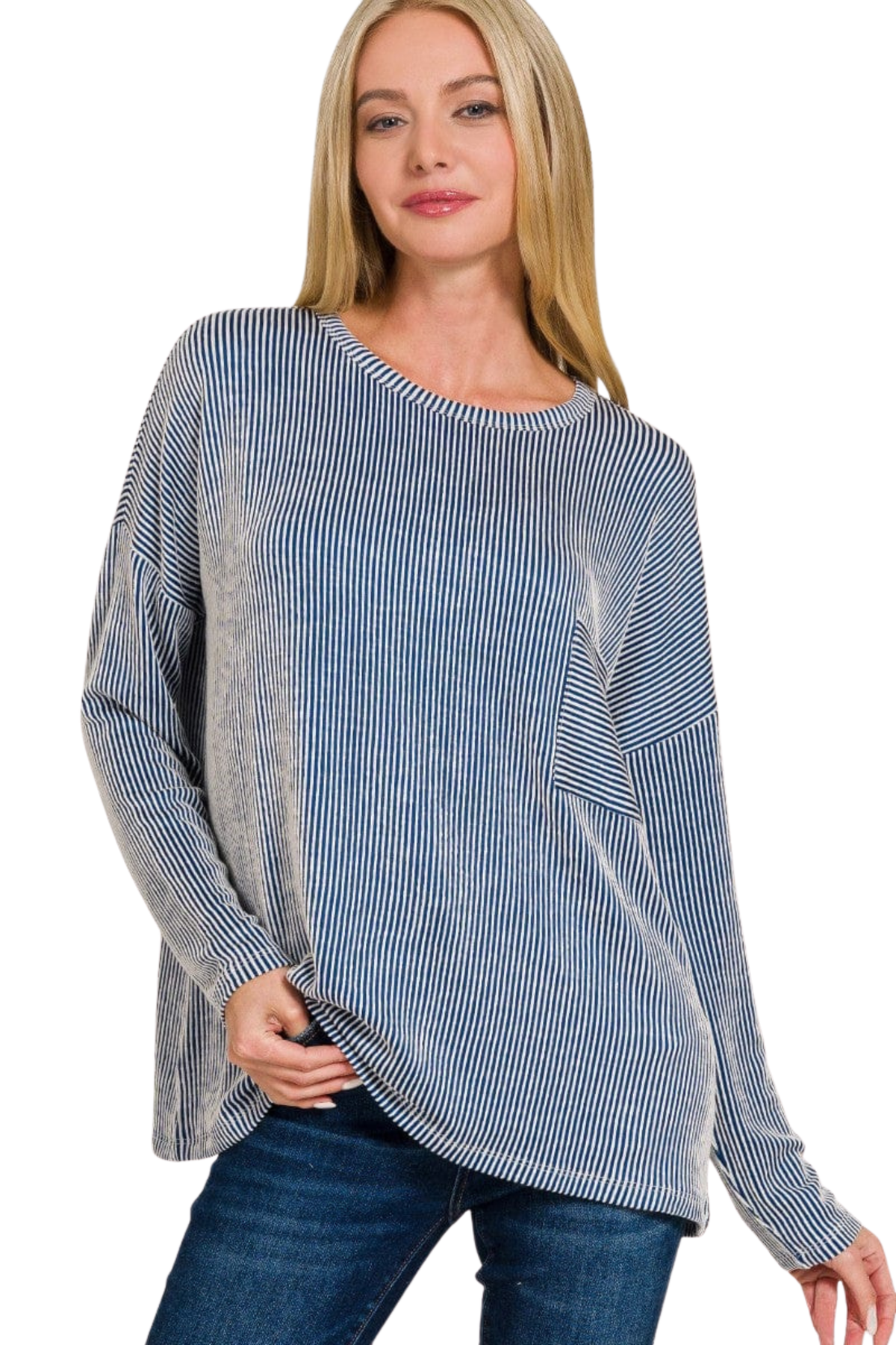 Ribbed Crew Neck Long Sleeve Shirt with Slouchy Front Pocket