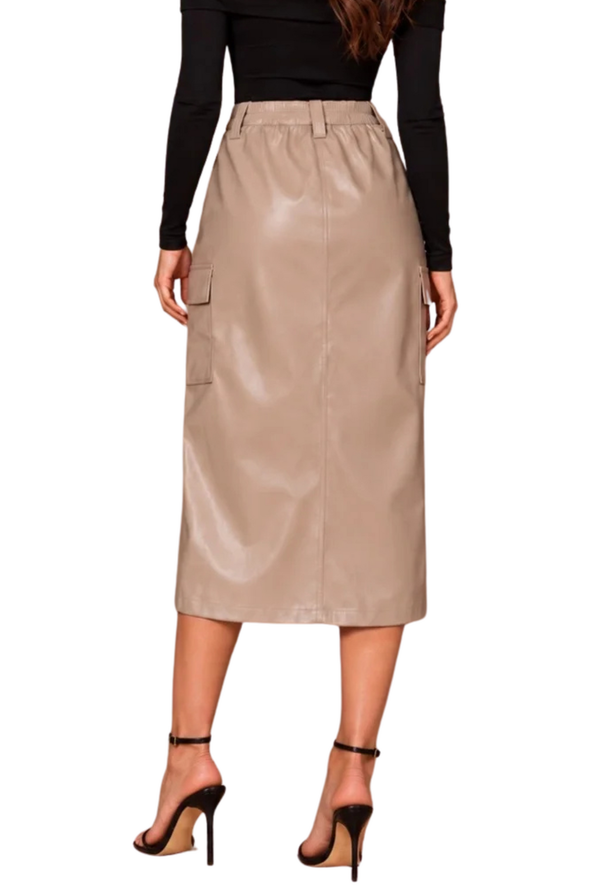 Faux Leather Midi Cargo Skirt with Center Slit
