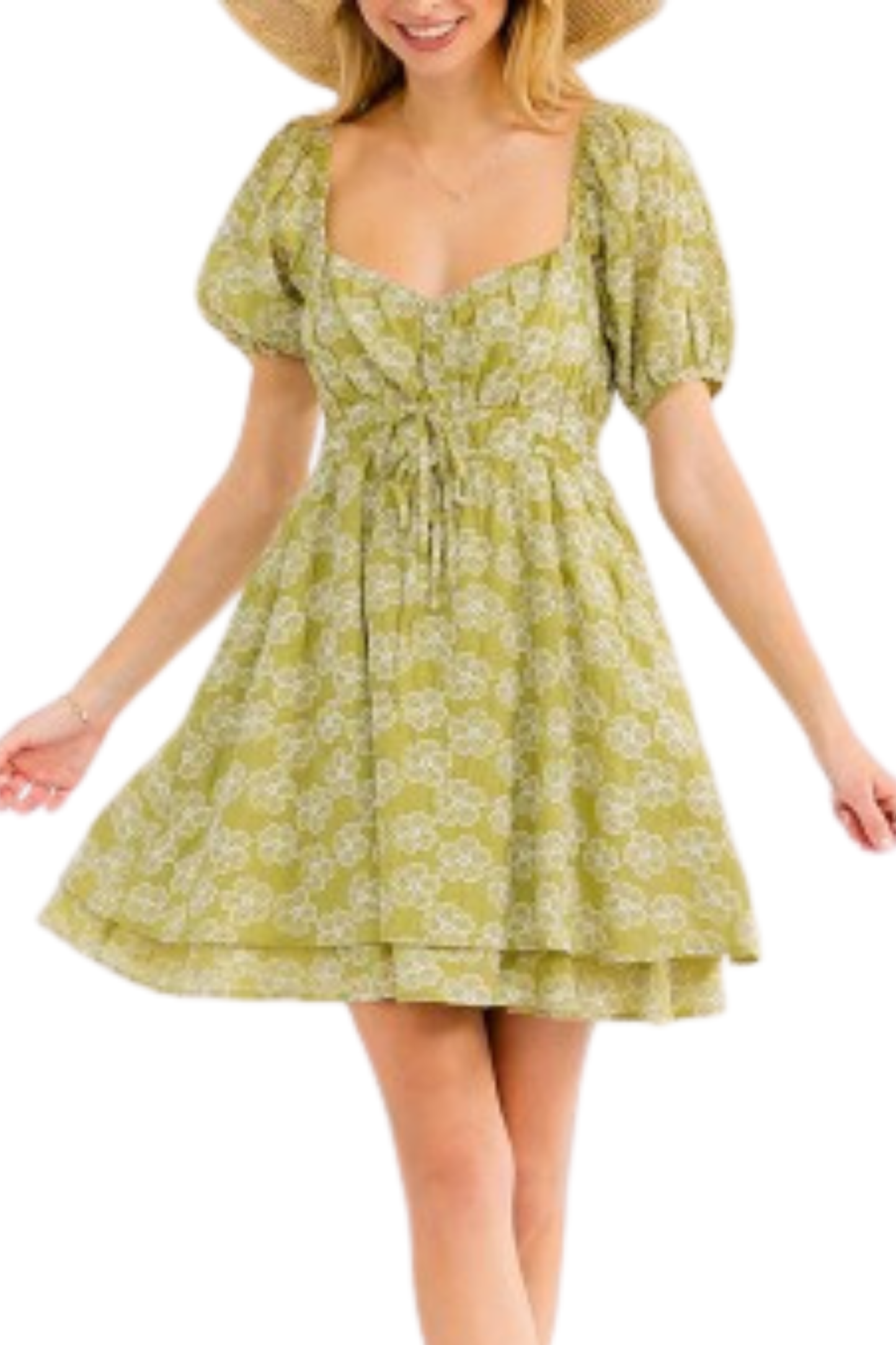 Short Puff Sleeve Elastic Waist Floral Stitched Mini Dress