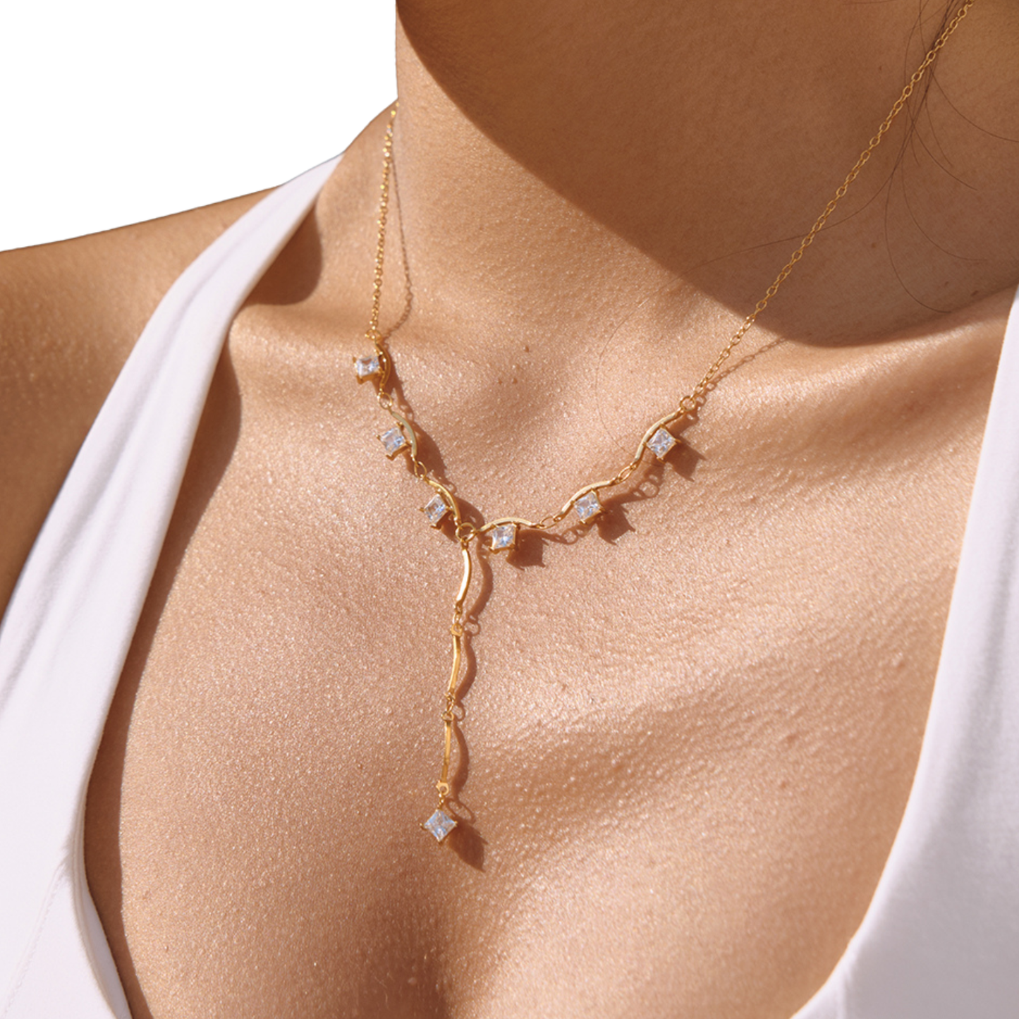 Sestra by Intro Stainless Steel Y Chain Necklace with Wavy Bars and Square CZs