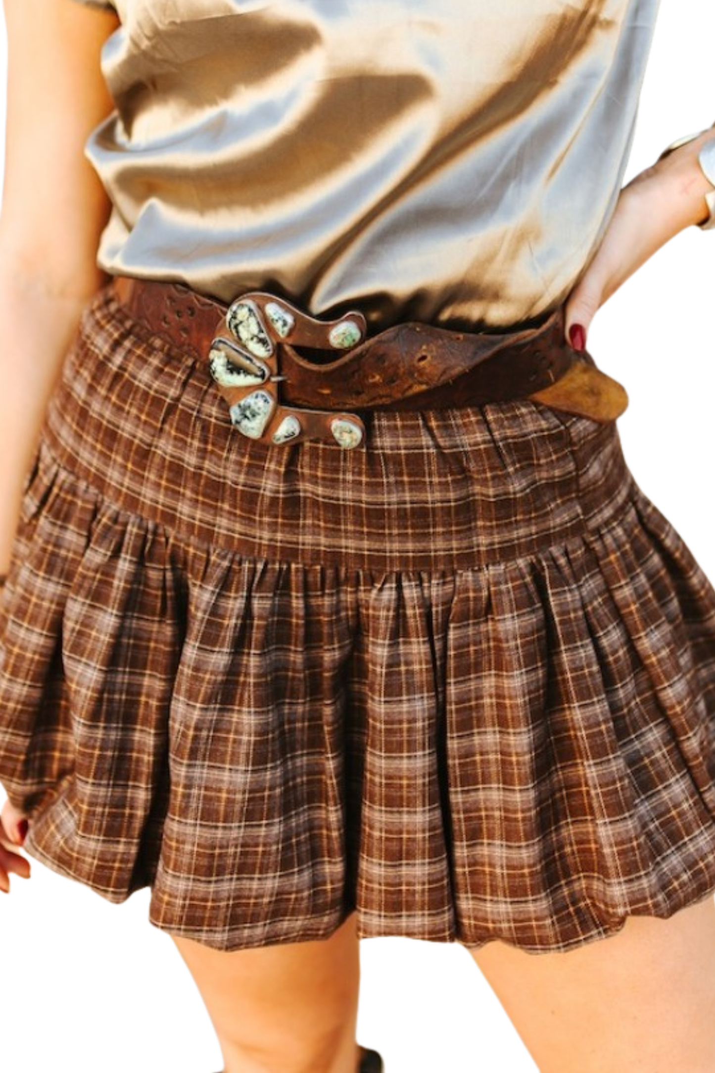 Brown Plaid Bubble Hem Skirt with Hidden Shorts