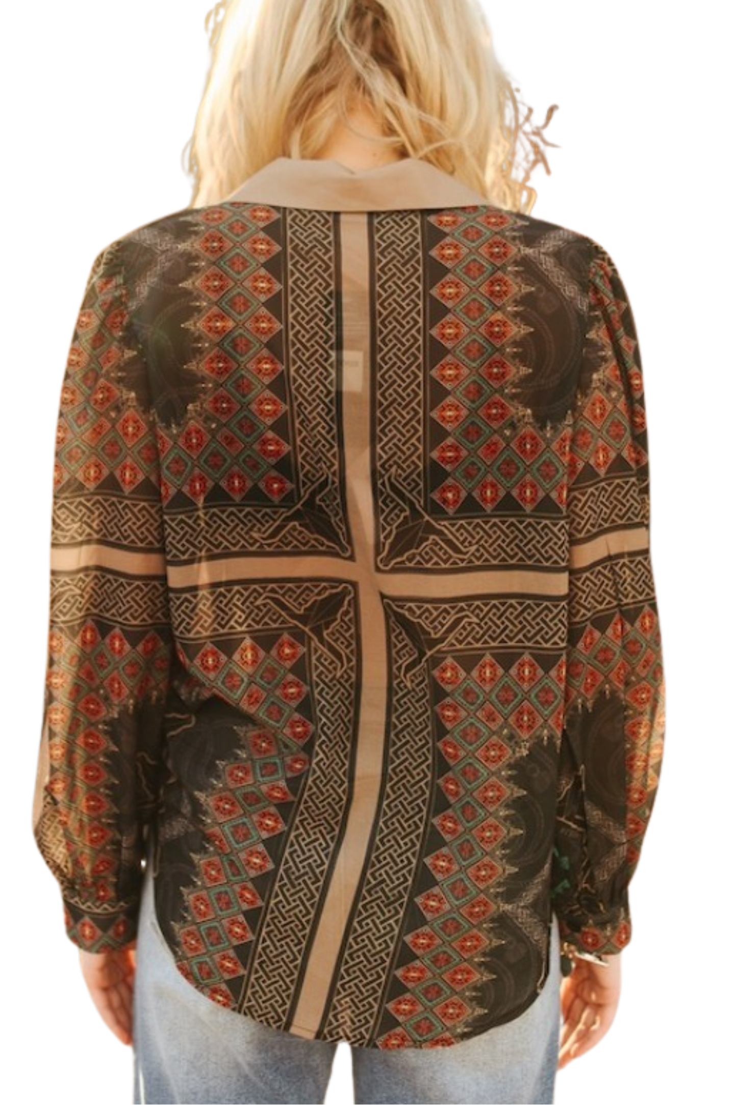 Aztec and Western Patterned Button Up Collared Shirt