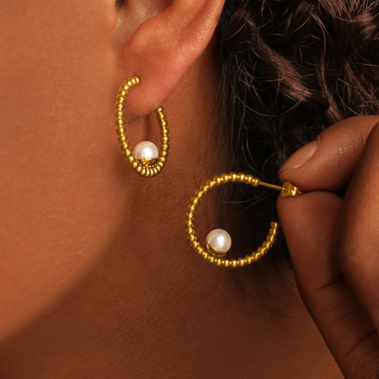 Sestra by Intro Stainless Steel Textured Hoop with Pearl Detail Earrings