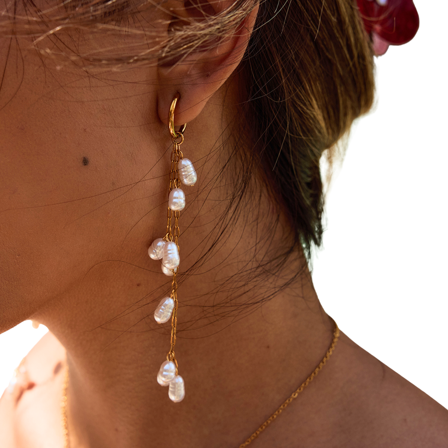 Stainless Steel Pearl Drop Hoop Earrings