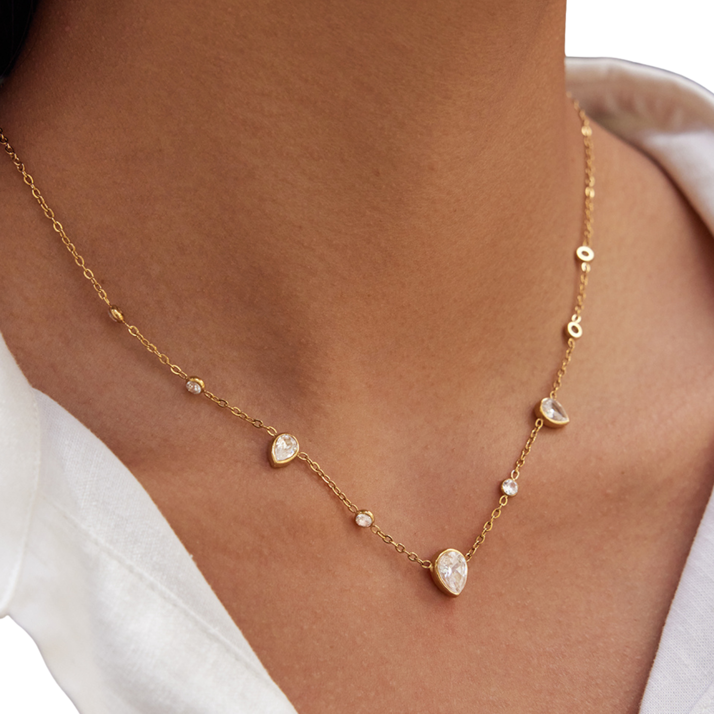 Sestra by Intro Stainless Steel Teardrop Station CZ's Necklace