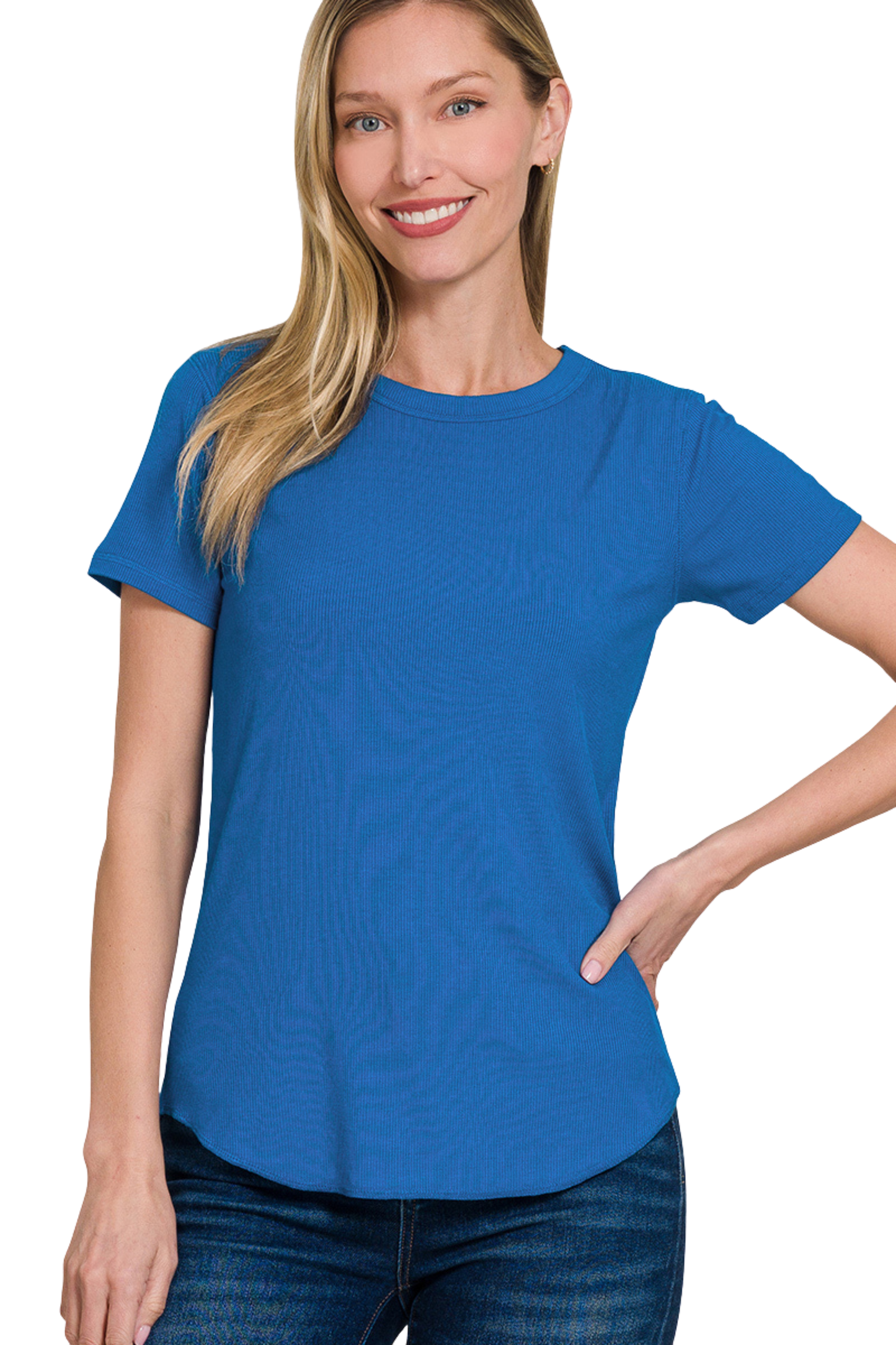 Ribbed Curved Hem Crew Neck Tee