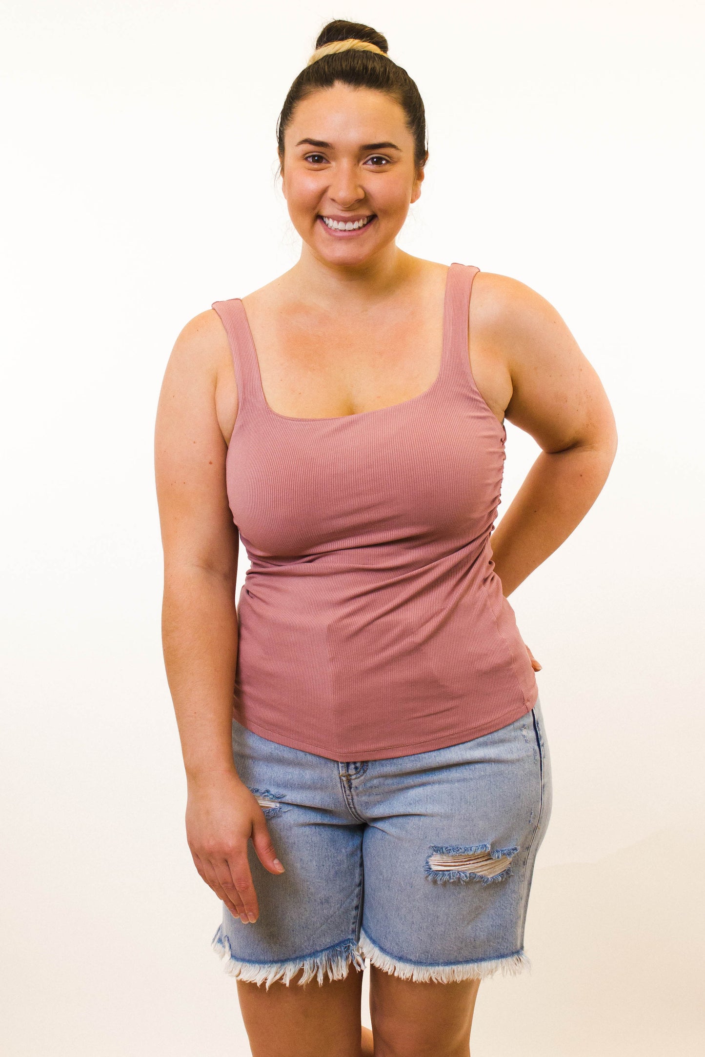 Ribbed Tank Top with Ruched Side & Lining