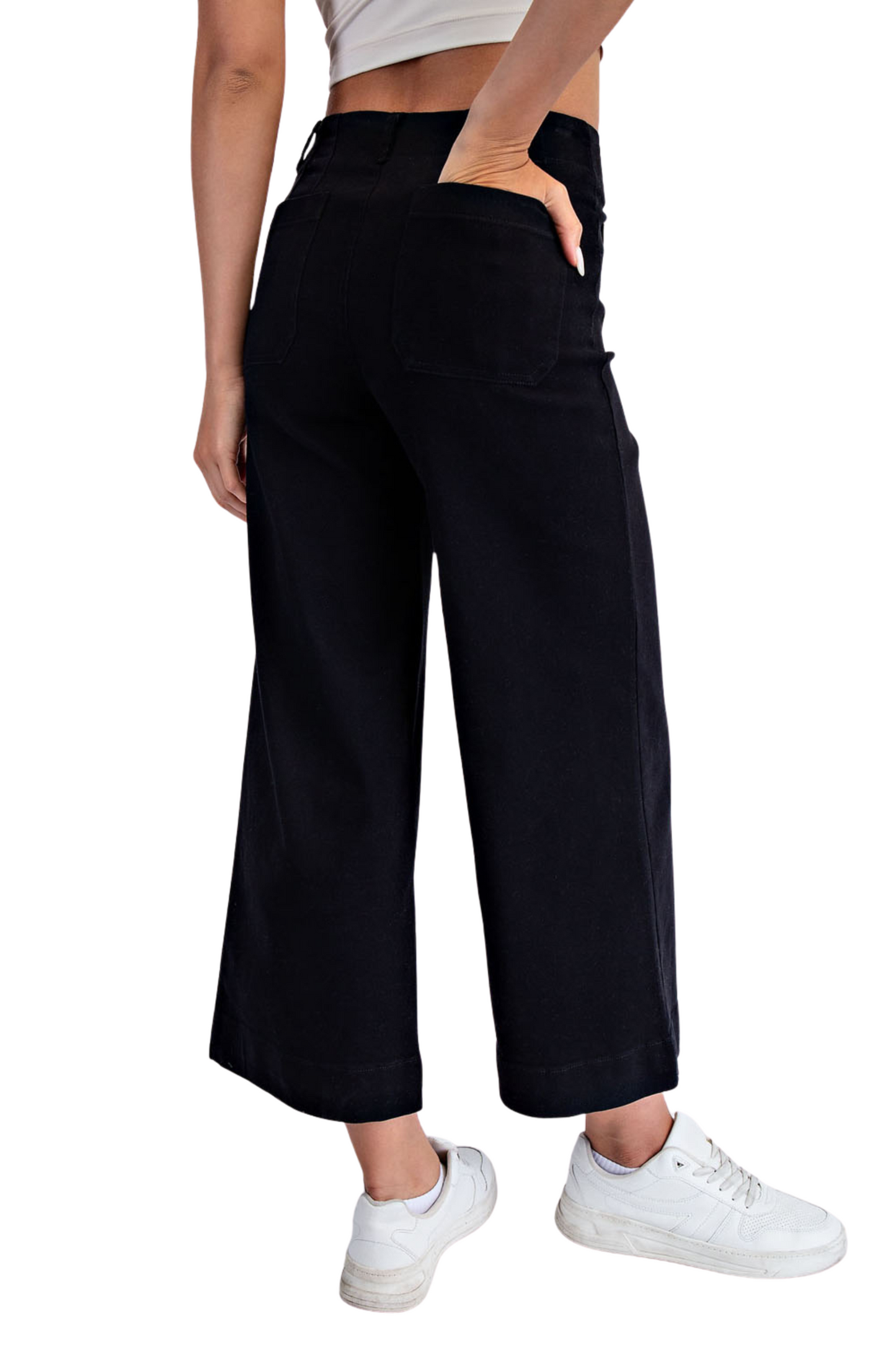 Cotton Twill Wide Leg Ankle Length Pants with Front Pockets