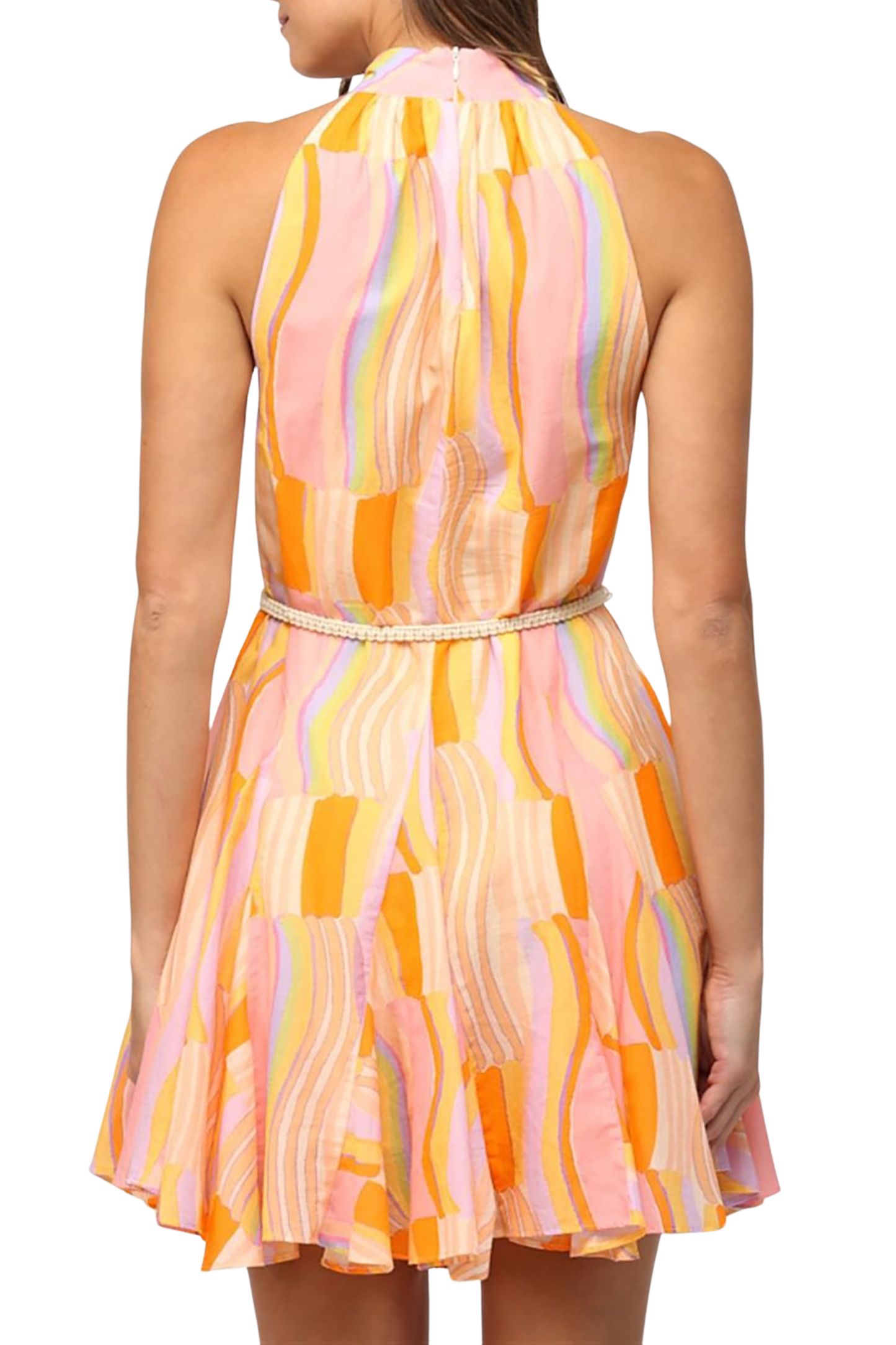 Halter Top Patterned Mini Dress with Buttons and Tie Waist Belt