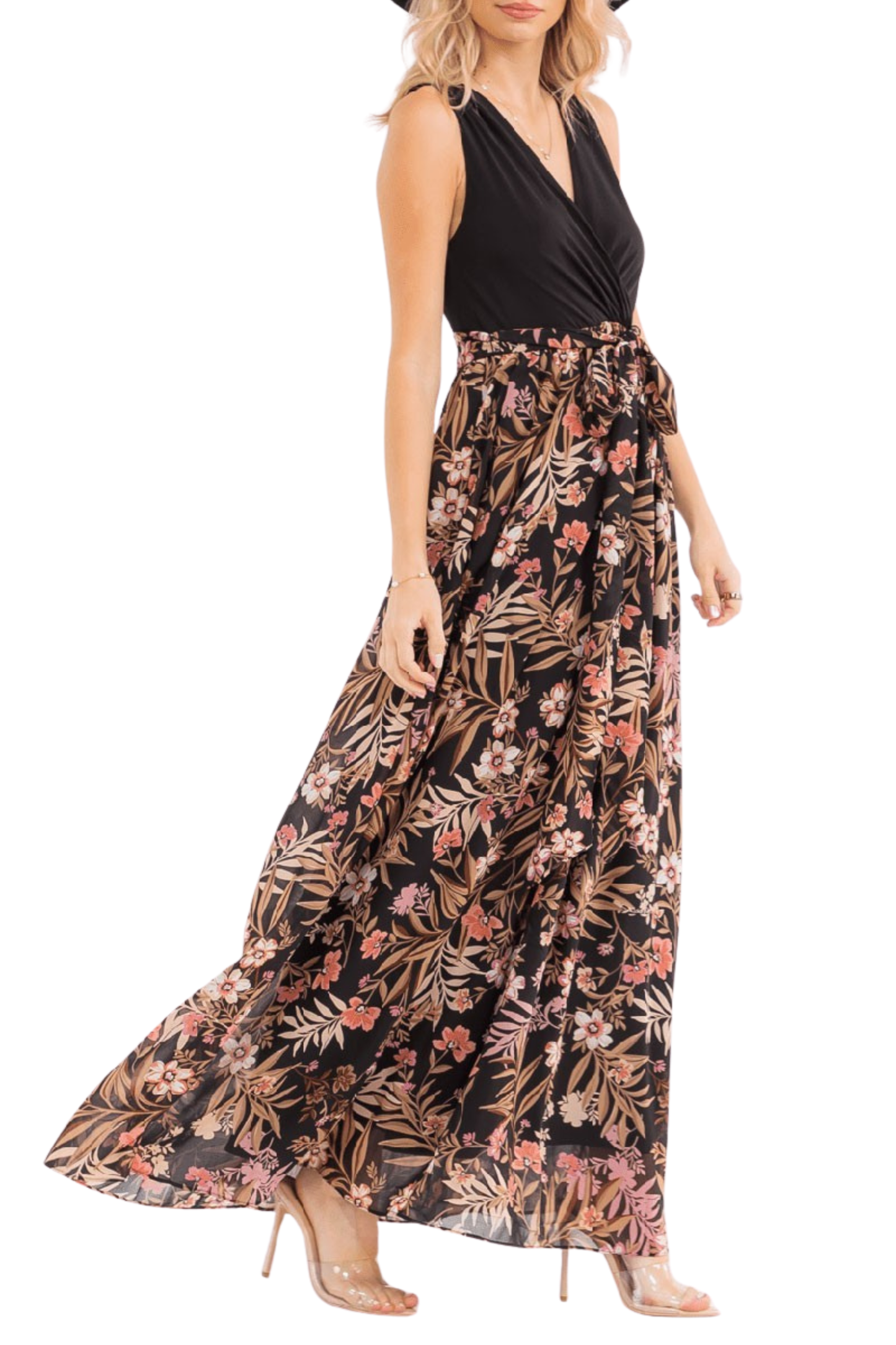 Sleeveless Surplice Self Tie Ruffle Floral Maxi Dress