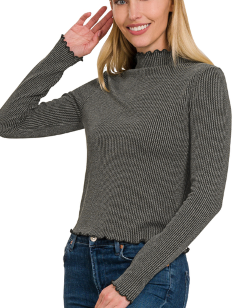 Ribbed Mock Neck with Lettuce Hems