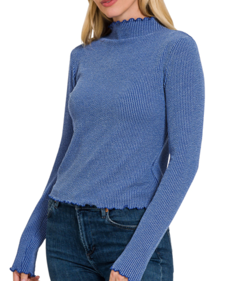 Ribbed Mock Neck with Lettuce Hems
