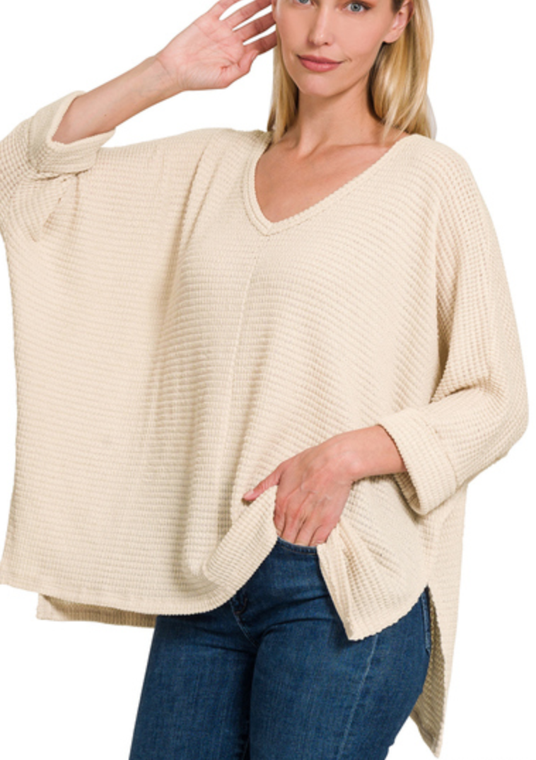 3/4 Sleeve V-Neck Waffle Top