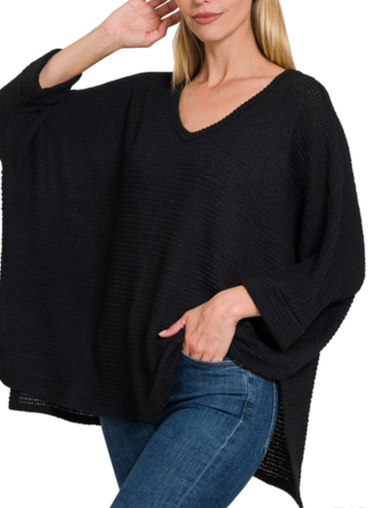 3/4 Sleeve V-Neck Waffle Top