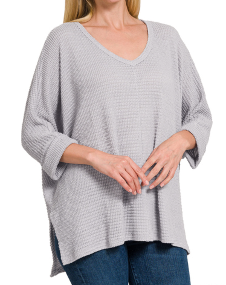 3/4 Sleeve V-Neck Waffle Top