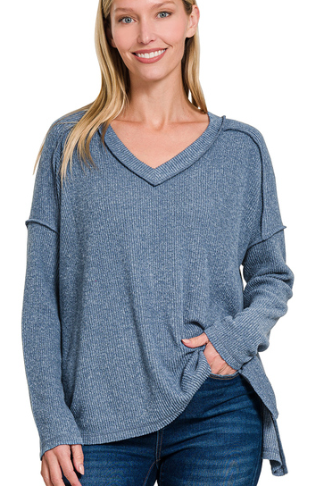 Brushed & Ribbed V-Neck Long Sleeve