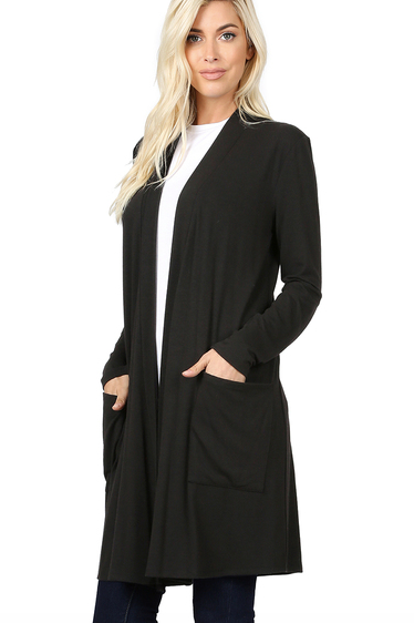 Long Basic Open Cardigan with Slouchy Pockets