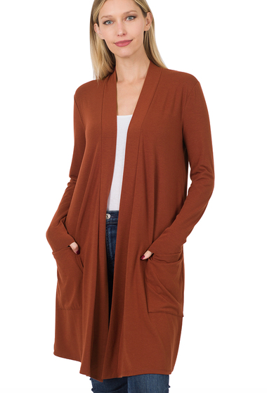 Long Basic Open Cardigan with Slouchy Pockets