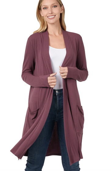 Long Basic Open Cardigan with Slouchy Pockets