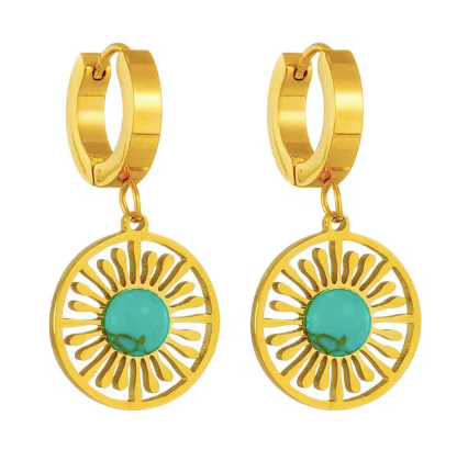 Stainless Steel Sunburst with Turquoise Huggie Hoops