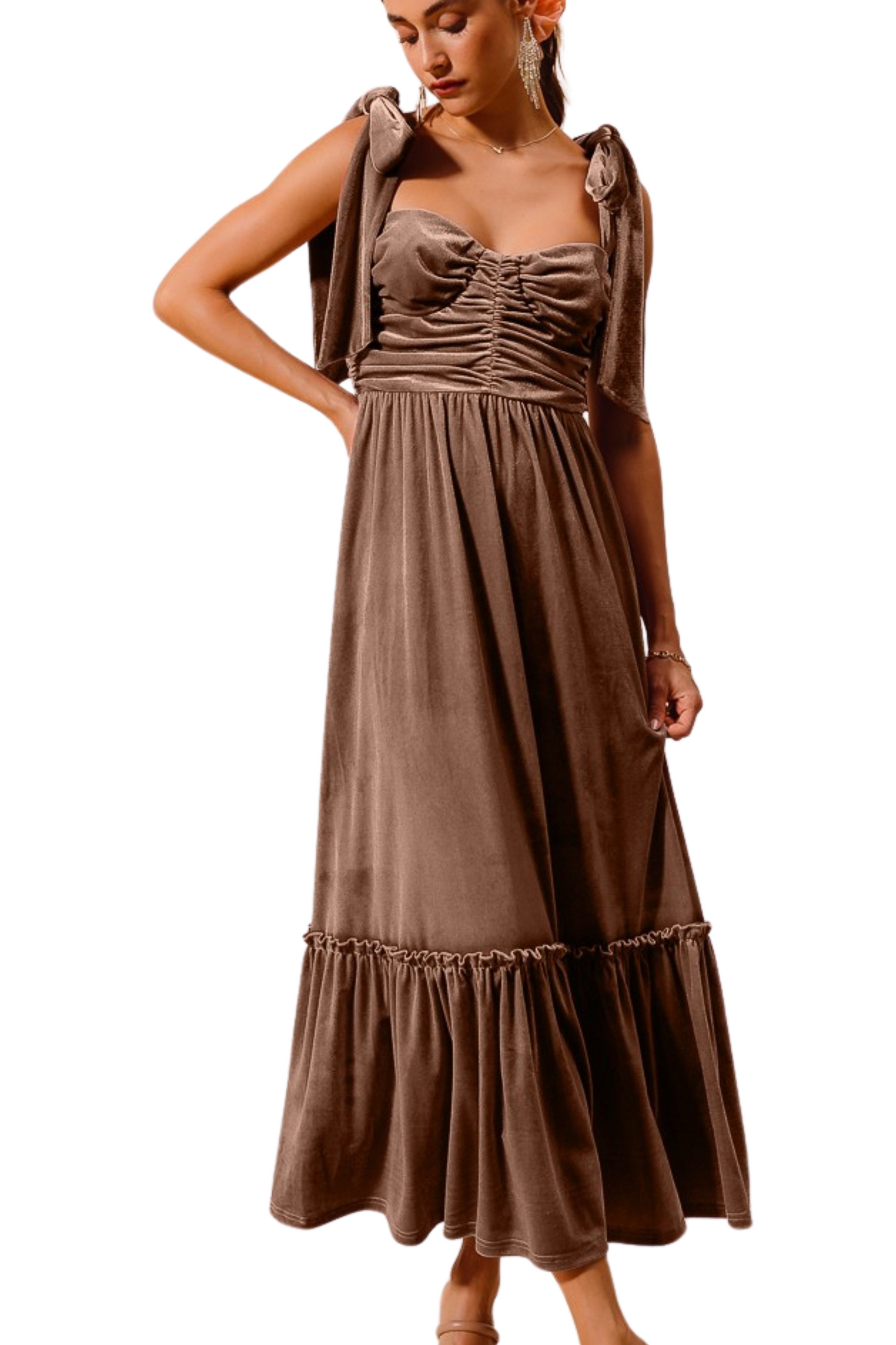 Velvet Ruched and Ruffled Dress