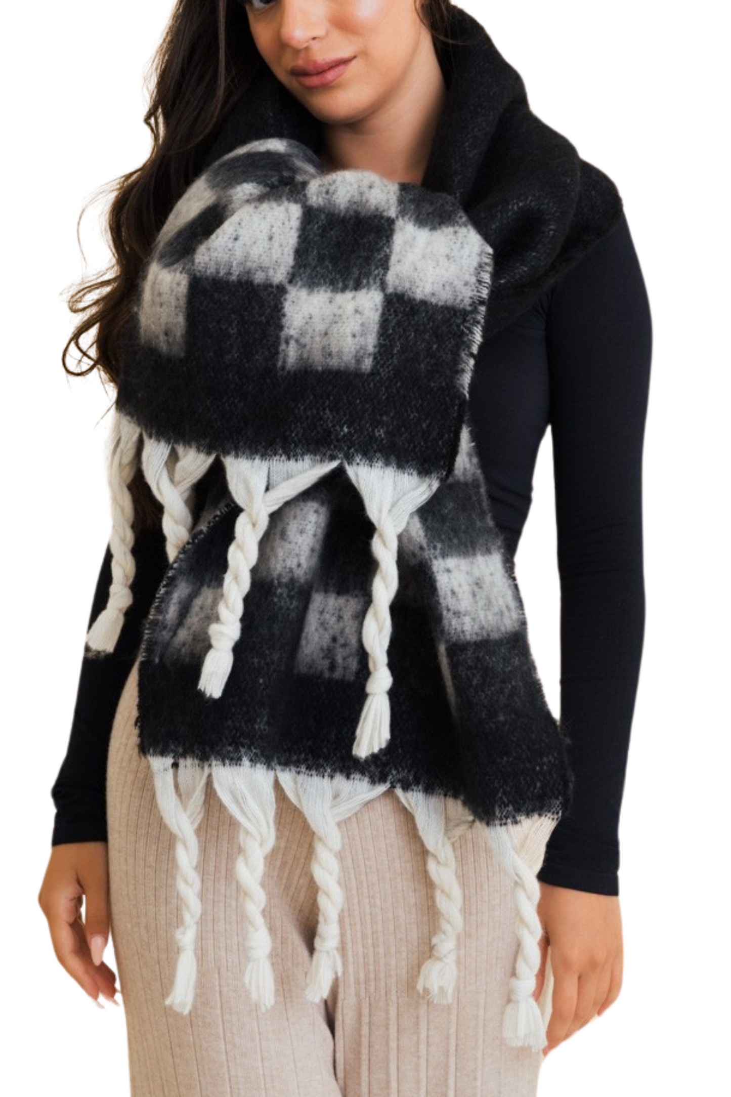 Chunky Plaid Oversized Scarf with Tassels