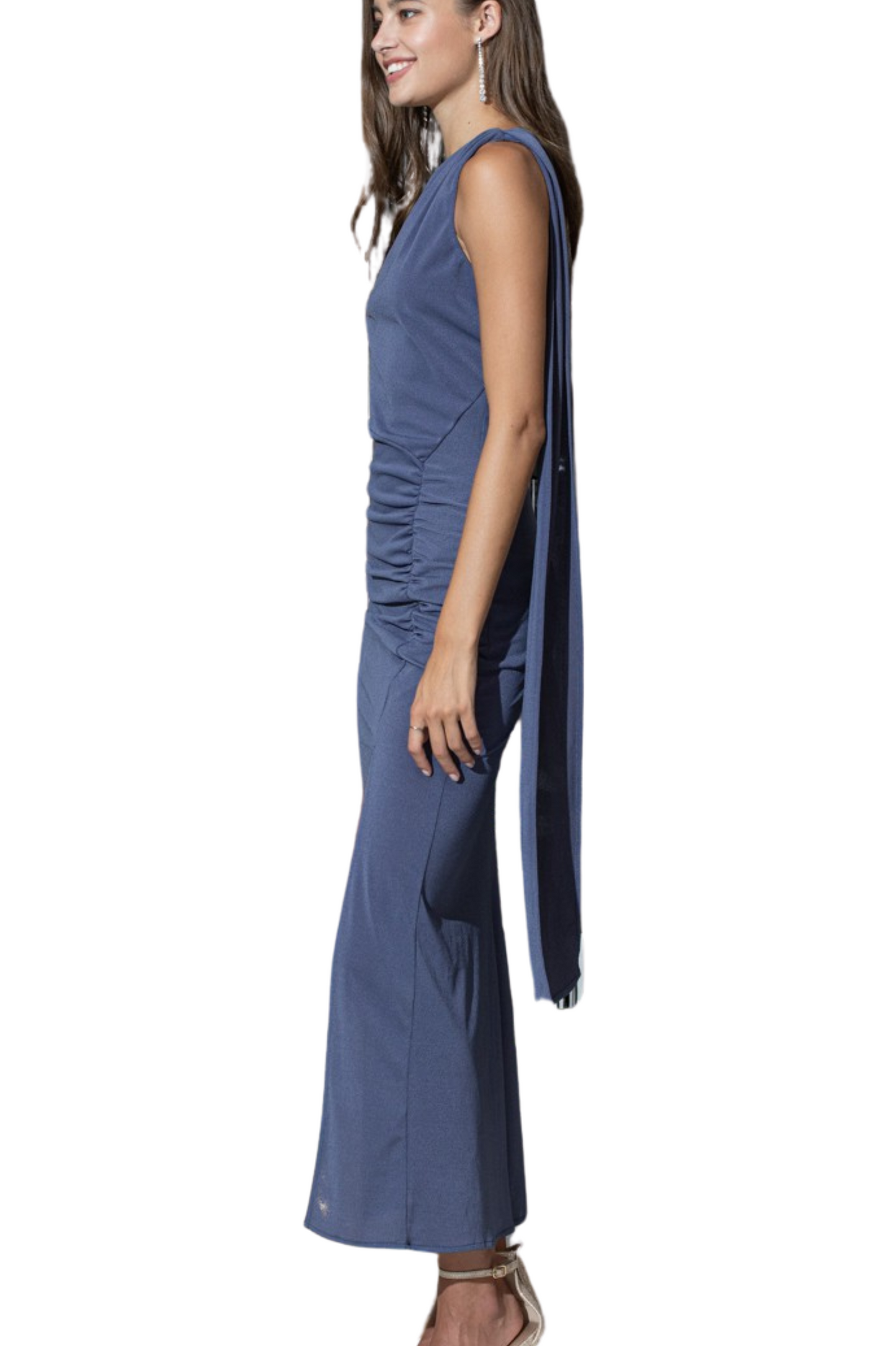 One Shoulder Ruched Maxi Dress with Side Slit and Shoulder Draping
